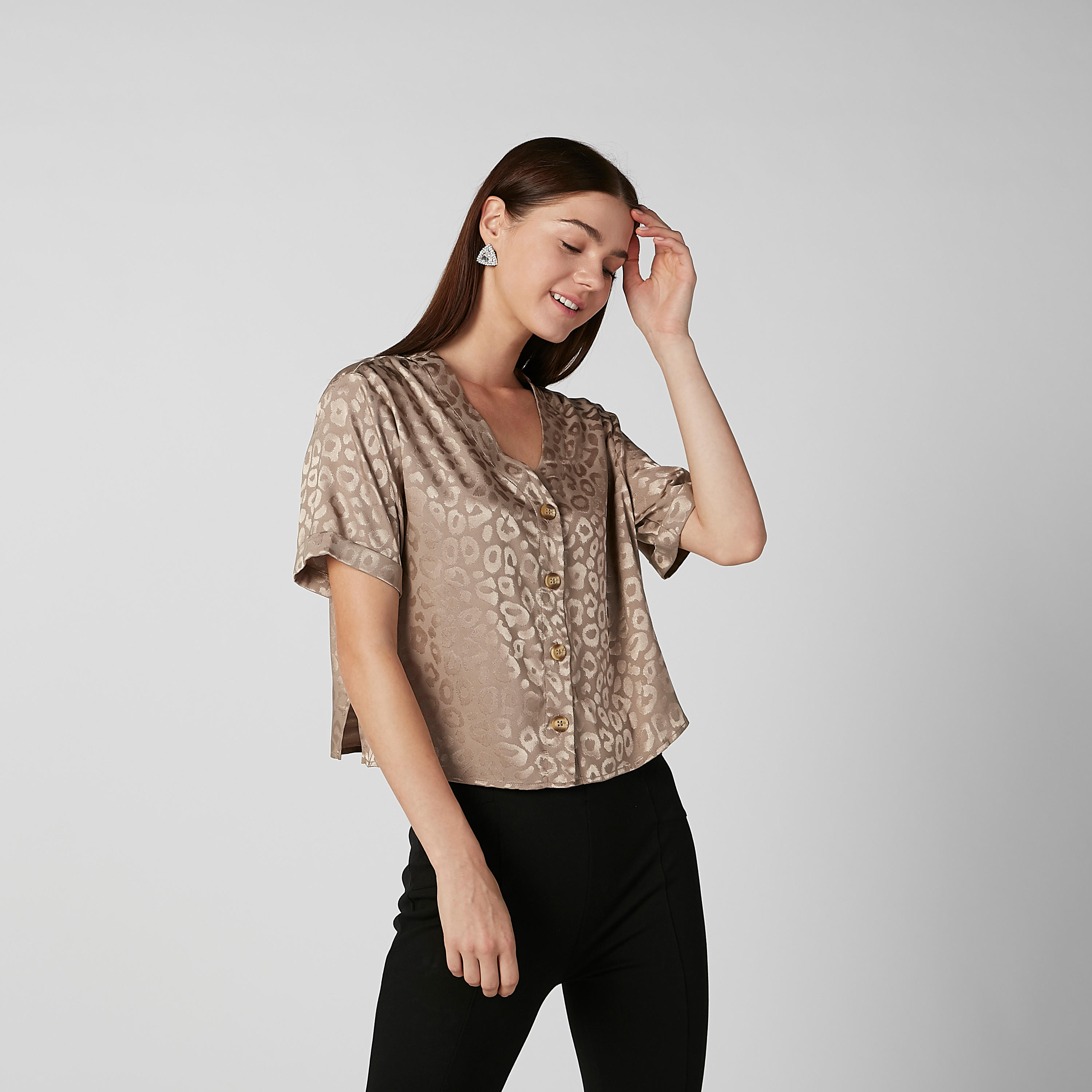 Textured Crop Shirt with V-neck and Short Sleeves-women-clothing-shirtsandblouses-shirts-image-1