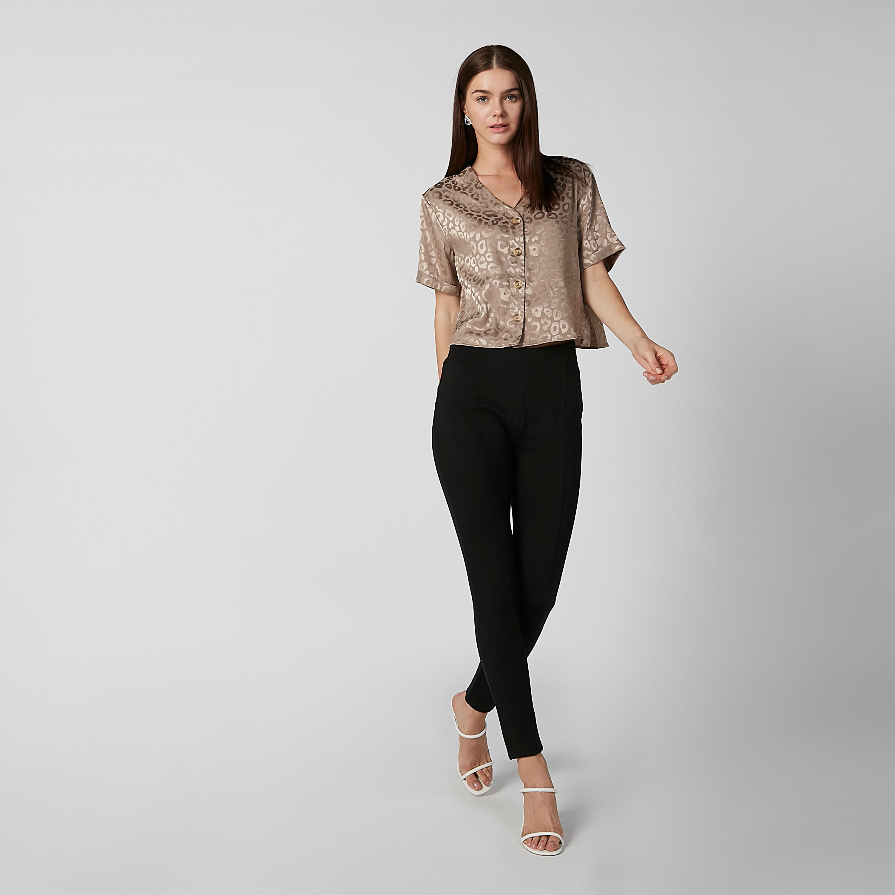 Textured Crop Shirt with V-neck and Short Sleeves-women-clothing-shirtsandblouses-shirts-image-2