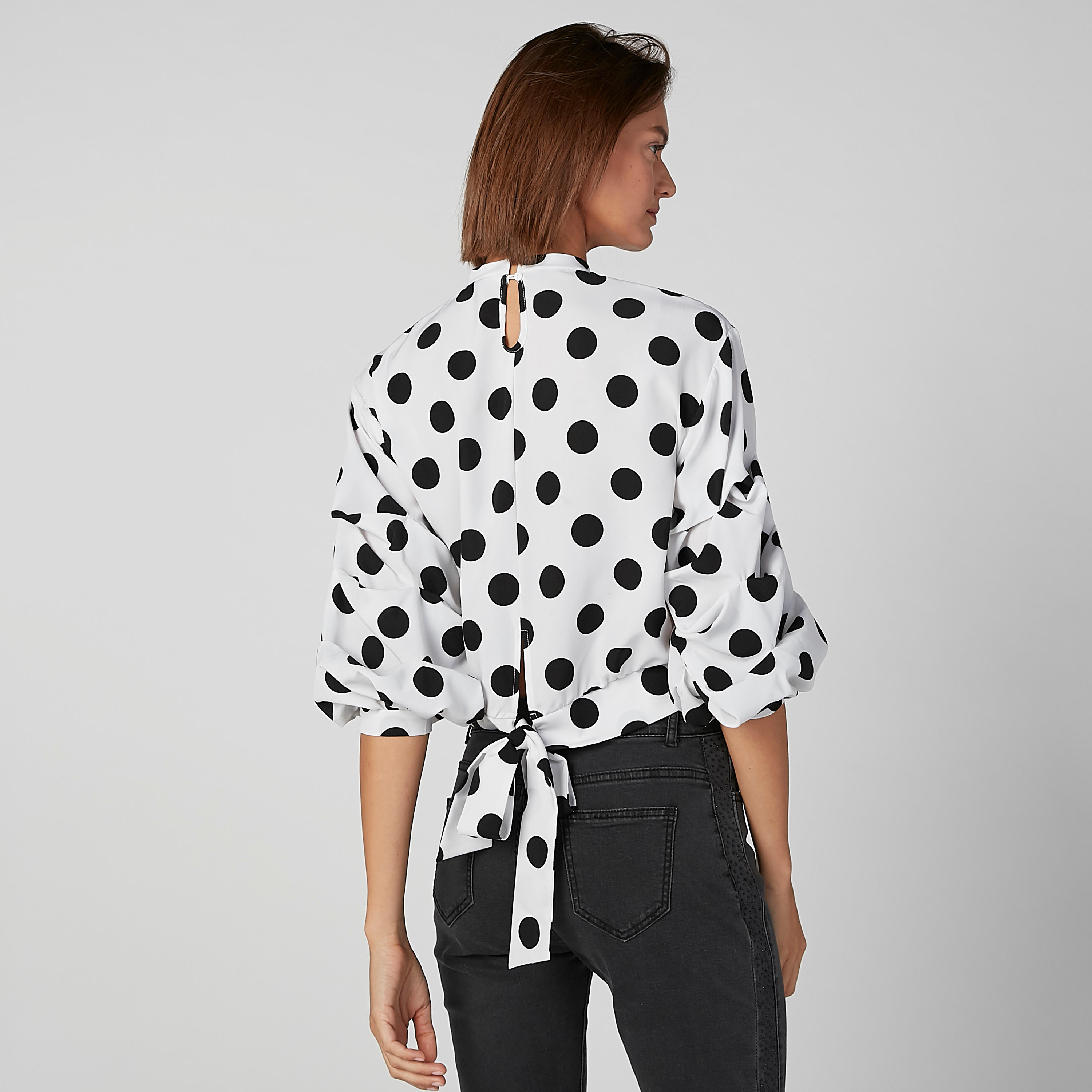 Polka Dot Crop Printed Top with High Neck and Ruffle Detail-women-clothing-shirtsandblouses-blouses-image-3