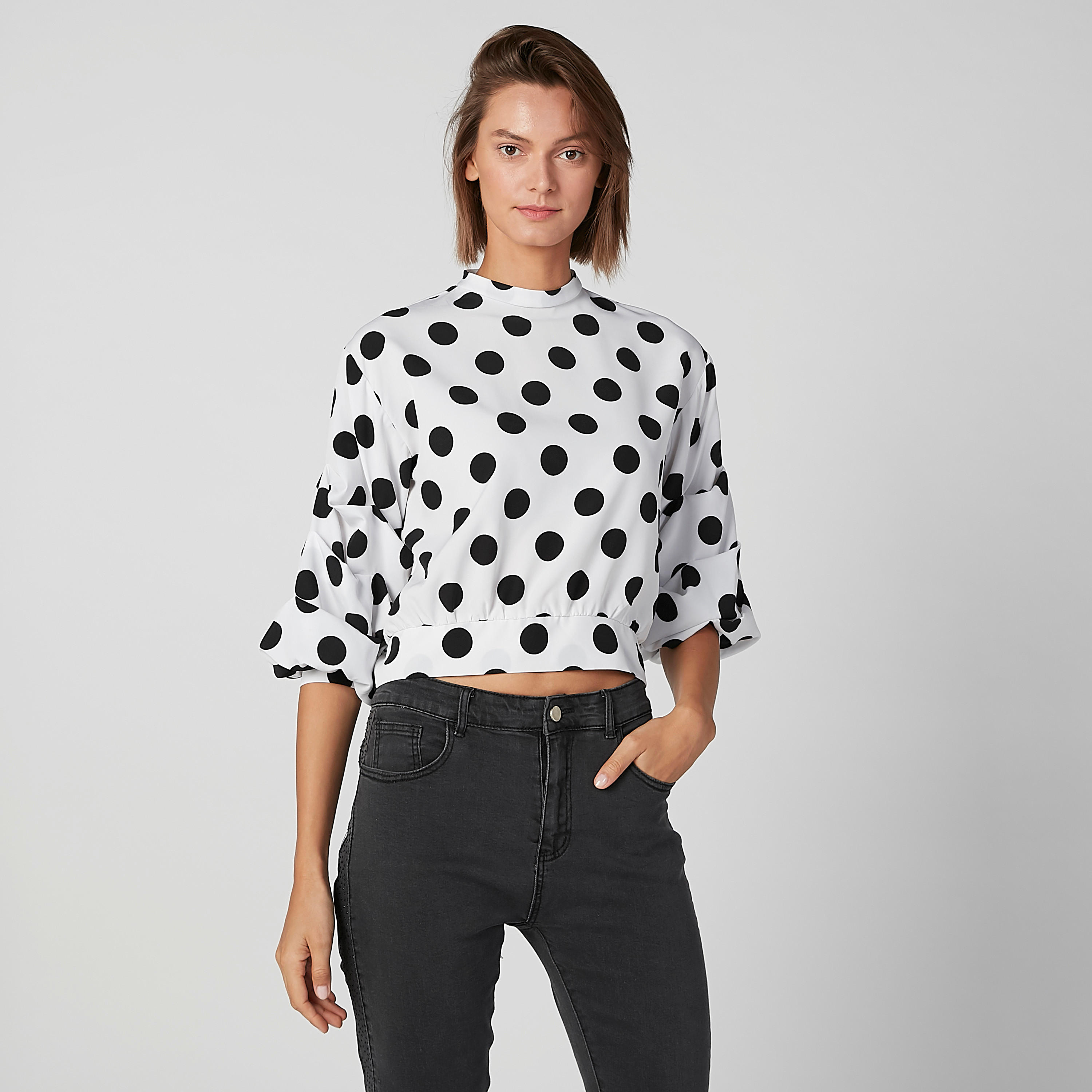 Polka Dot Crop Printed Top with High Neck and Ruffle Detail-women-clothing-shirtsandblouses-blouses-image-4