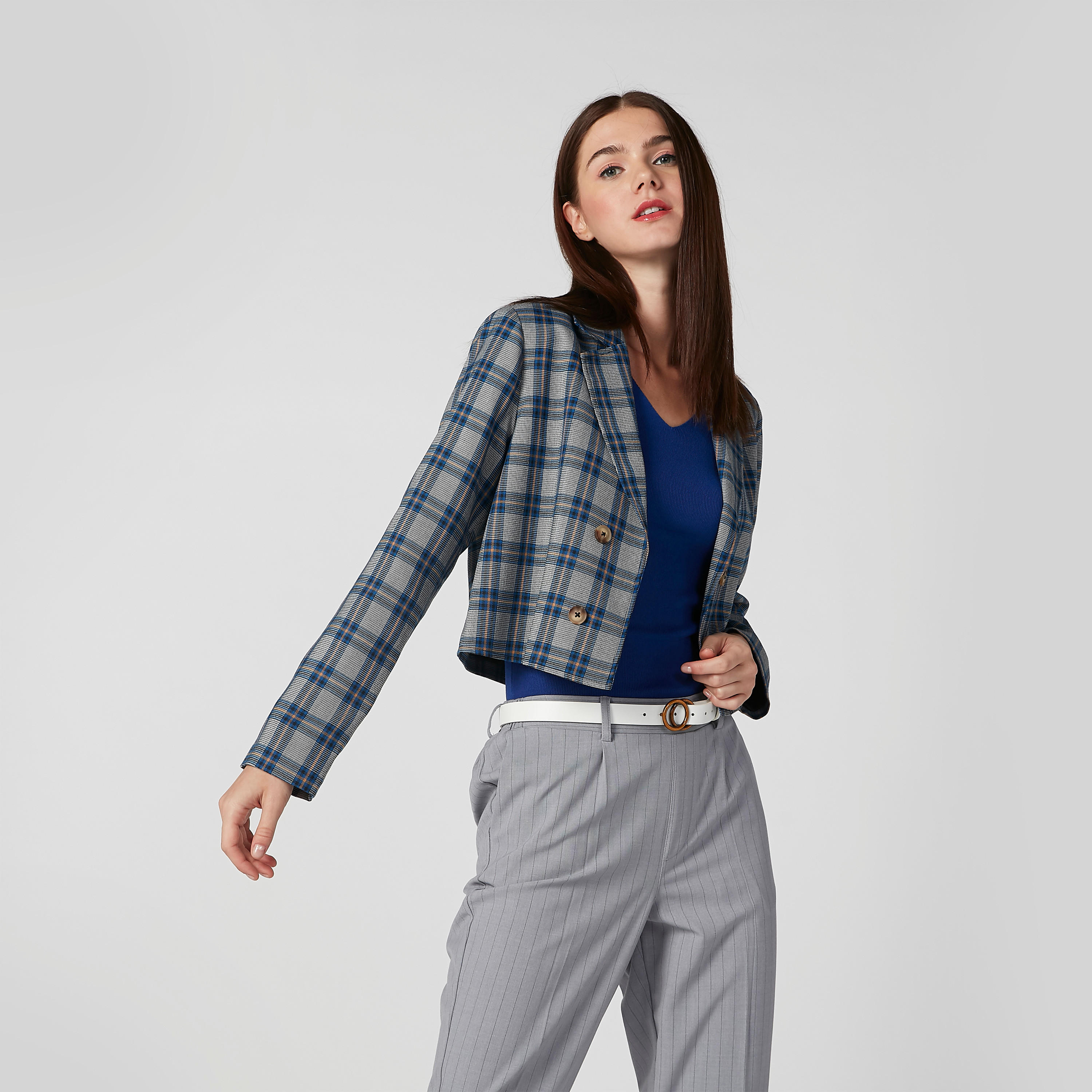 جاكيت بليزر كاروهات بياقة طويلة وأكمام طويلة-women-clothing-coatsandjackets-blazers-image-1