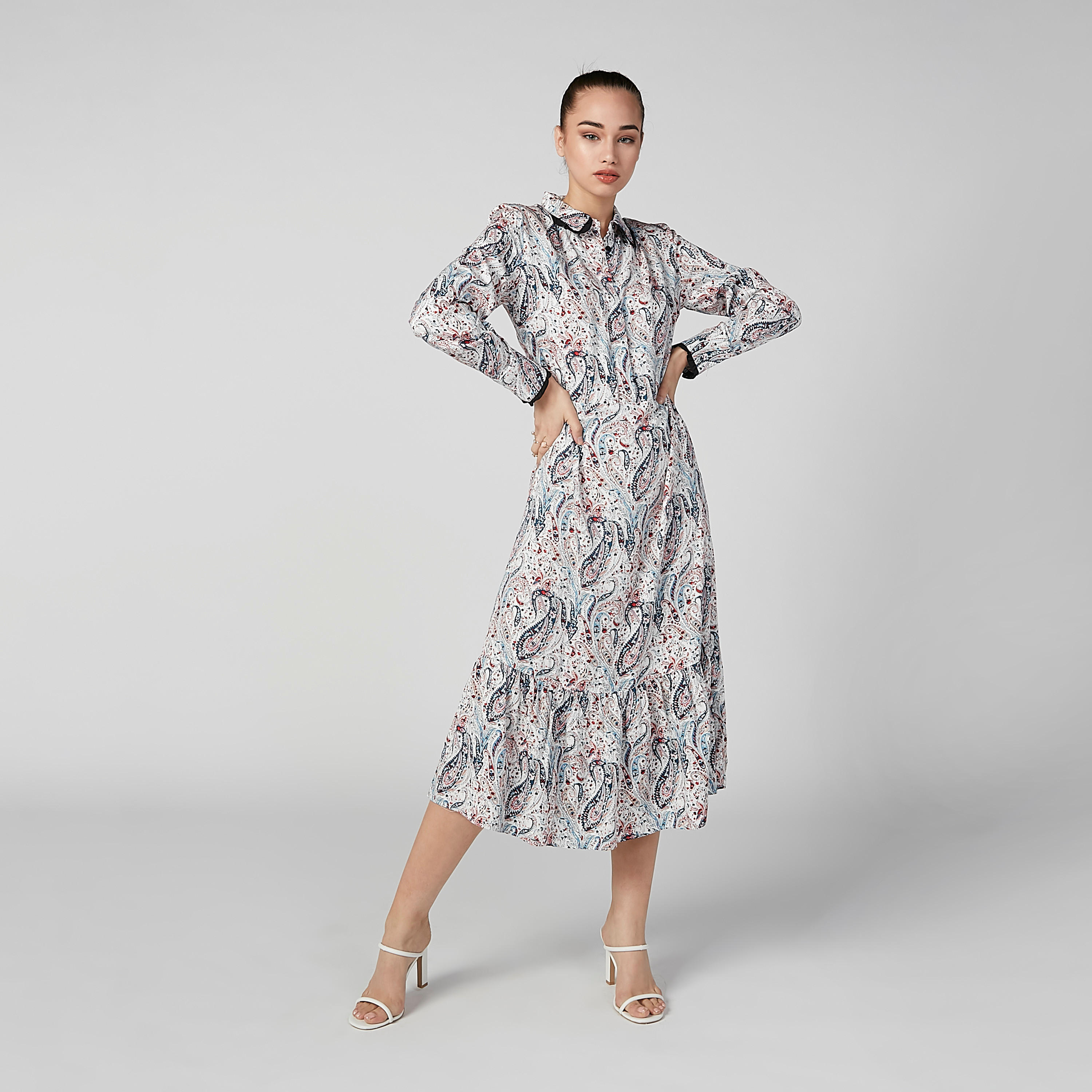 فستان إيه لاين متوسط الطول بأكمام طويلة وطبعات-women-clothing-dresses-image-1