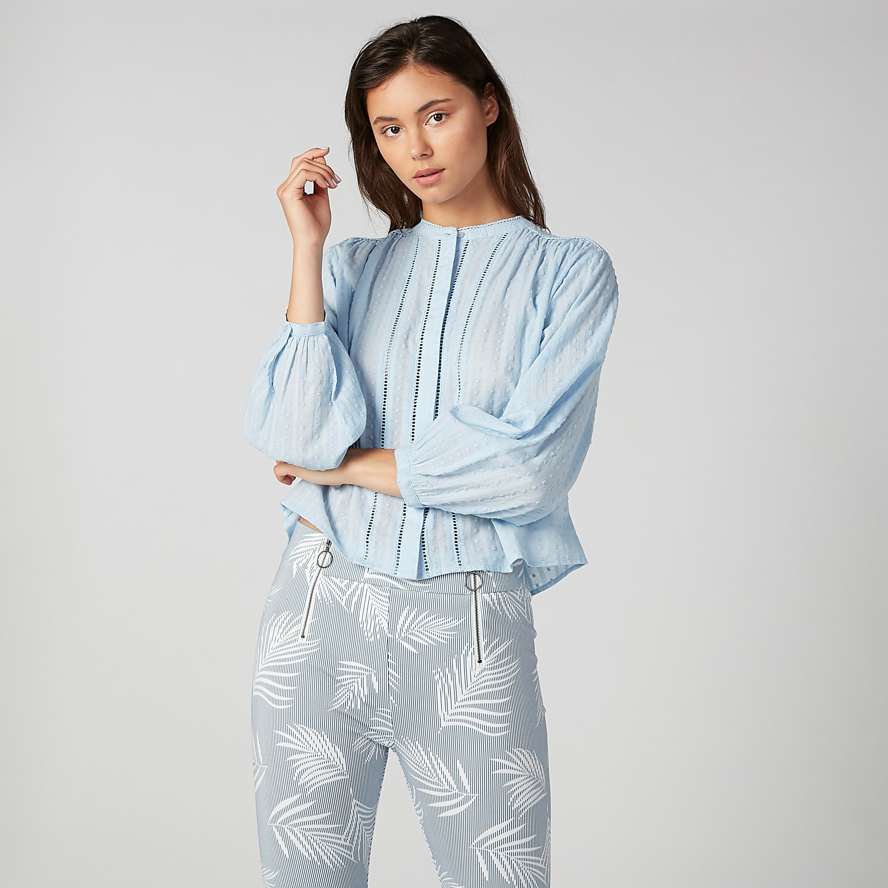 Textured Shirt with Mandarin Collar and Long Sleeves-women-clothing-shirtsandblouses-shirts-image-1