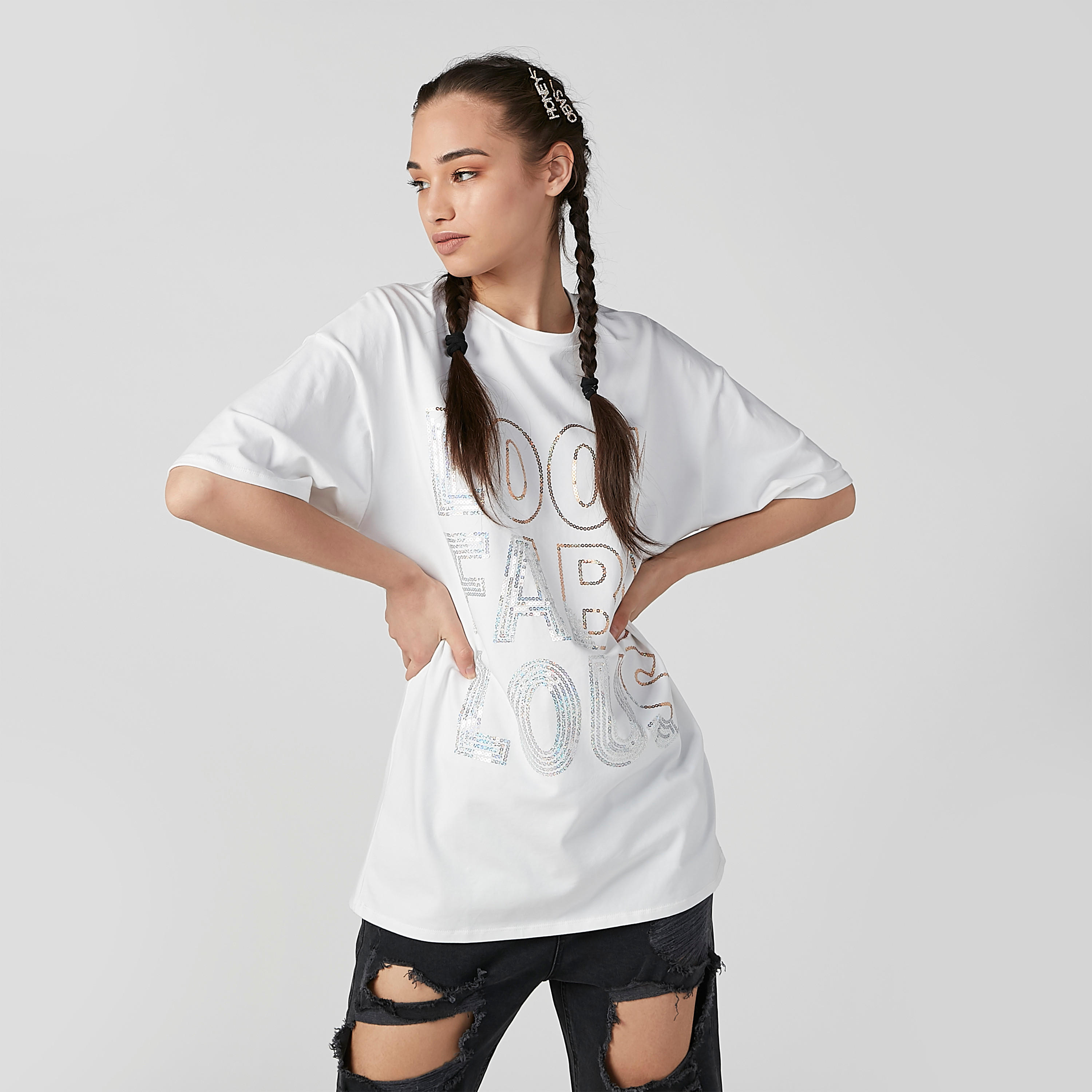 Embellished T-shirt with Round Neck and Drop Shoulder Sleeves-women-clothing-tshirts-image-1
