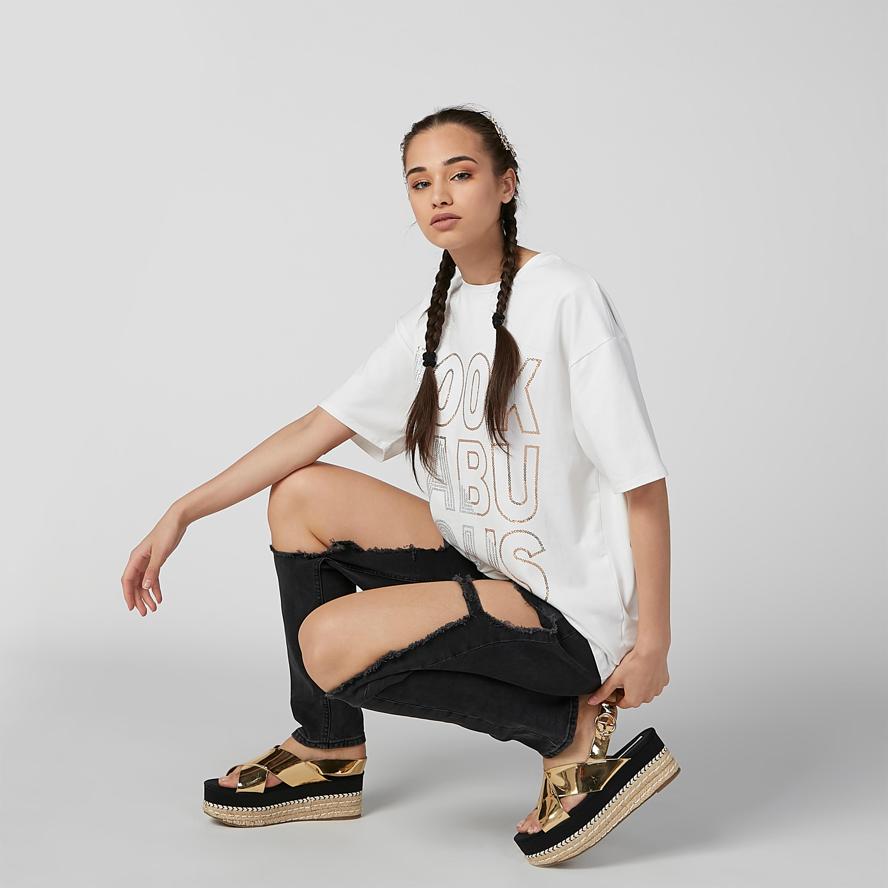 Embellished T-shirt with Round Neck and Drop Shoulder Sleeves-women-clothing-tshirts-image-2