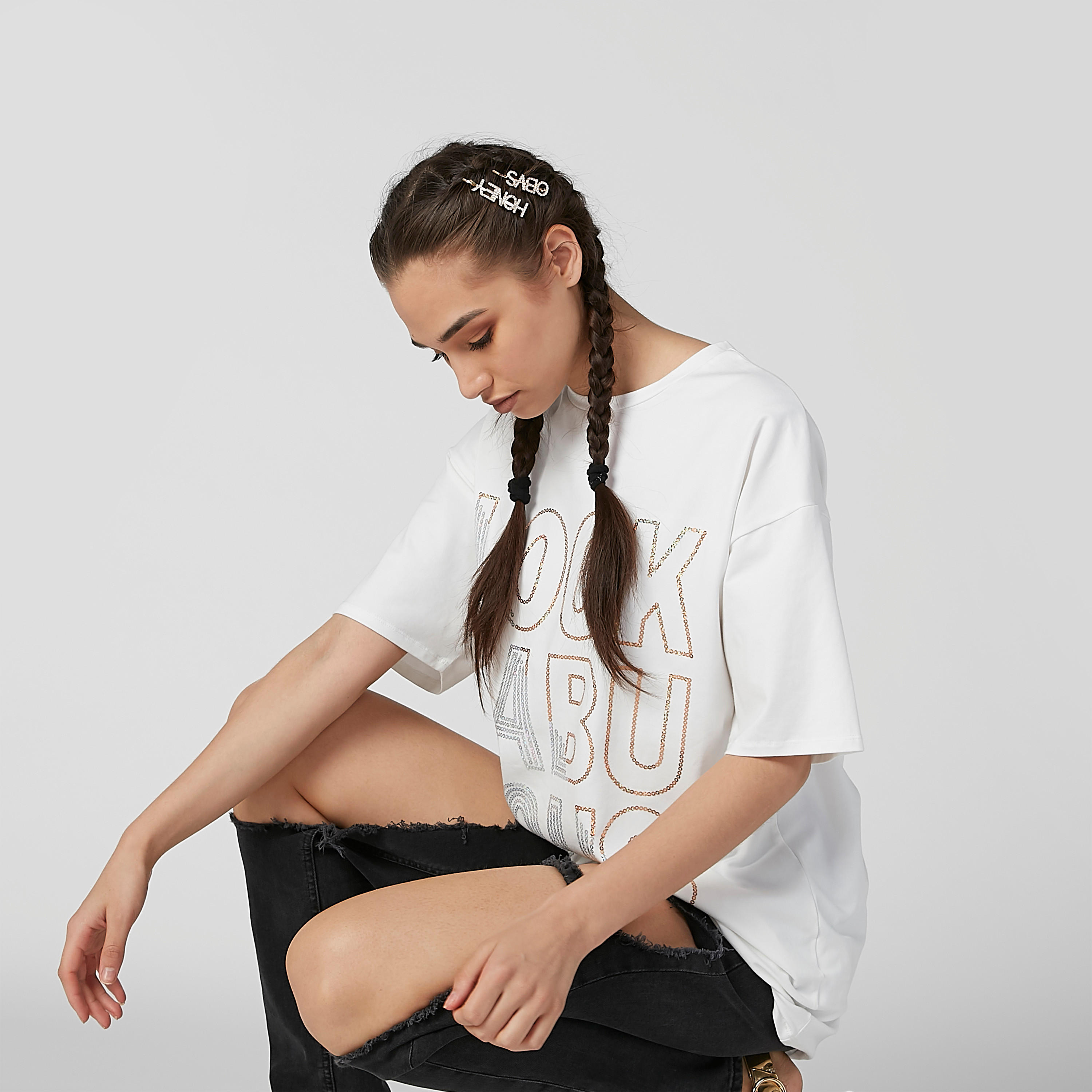 Embellished T-shirt with Round Neck and Drop Shoulder Sleeves-women-clothing-tshirts-image-4
