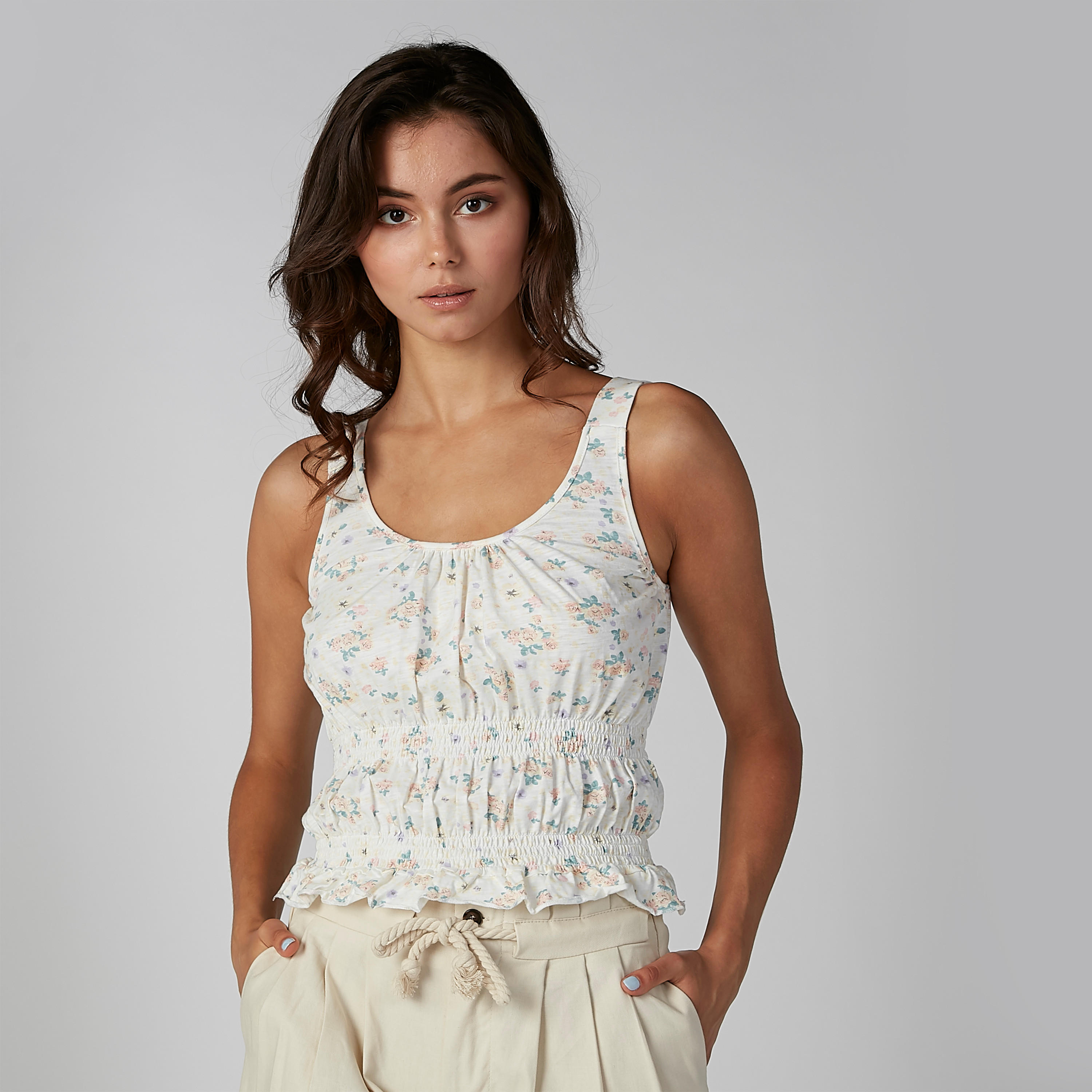 Printed Sleeveless Crop Top with Scoop Neck and Smocking Detail-women-clothing-shirtsandblouses-blouses-image-1