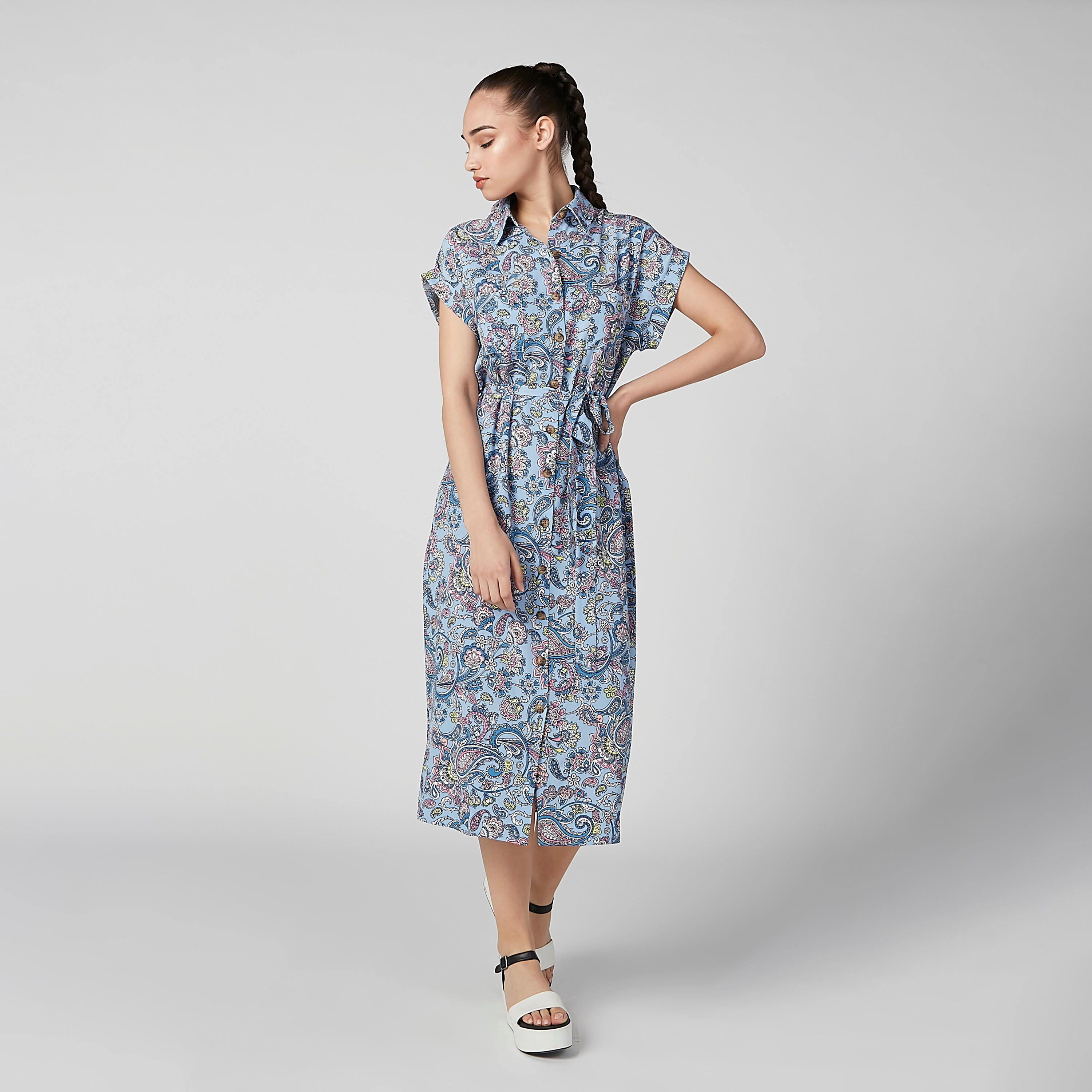 فستان قميص إيه لاين متوسط الطول بأكمام متصلة وأربطة وطبعات-women-clothing-dresses-image-1