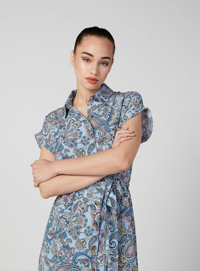 فستان قميص إيه لاين متوسط الطول بأكمام متصلة وأربطة وطبعات-women-clothing-dresses-image-2