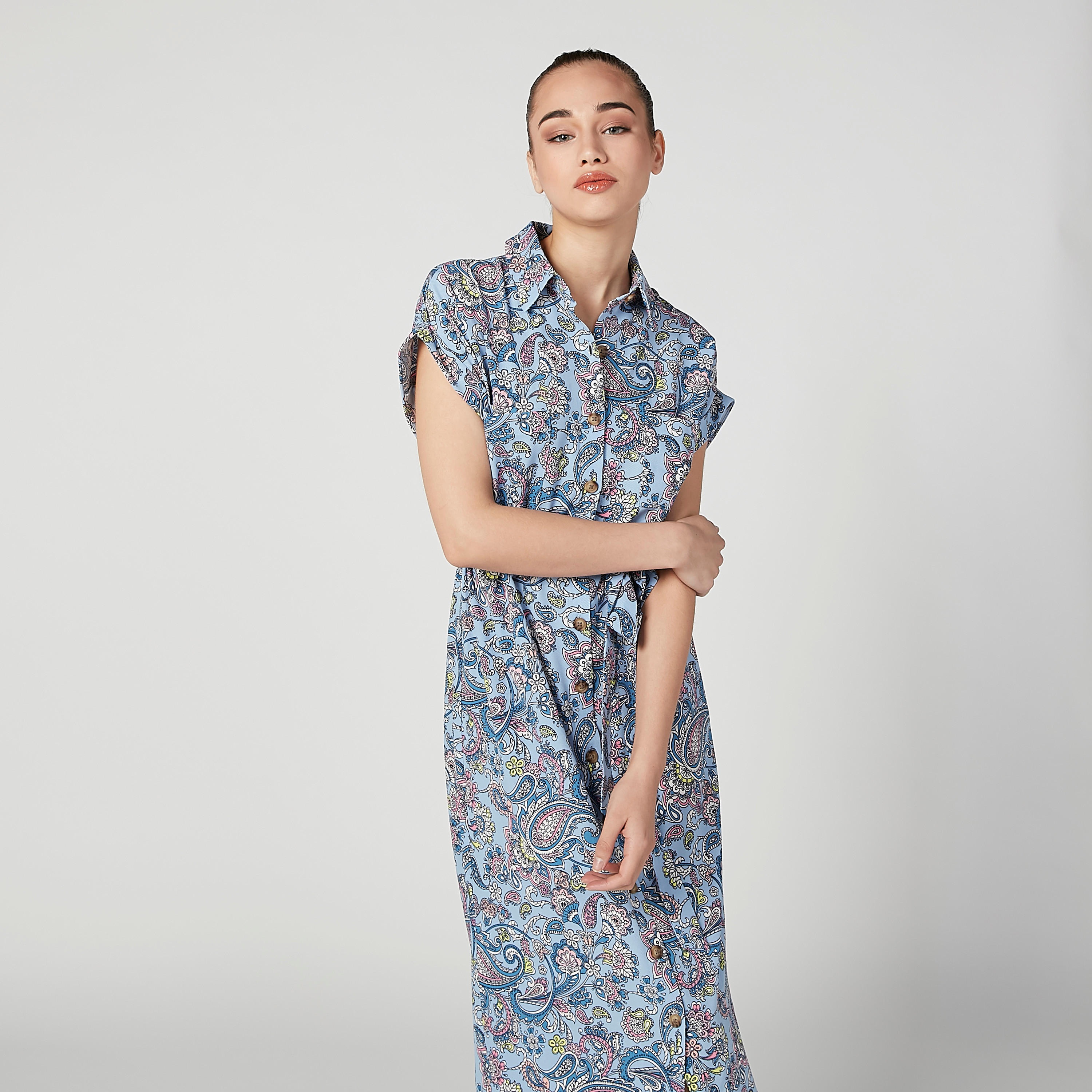 فستان قميص إيه لاين متوسط الطول بأكمام متصلة وأربطة وطبعات-women-clothing-dresses-image-4
