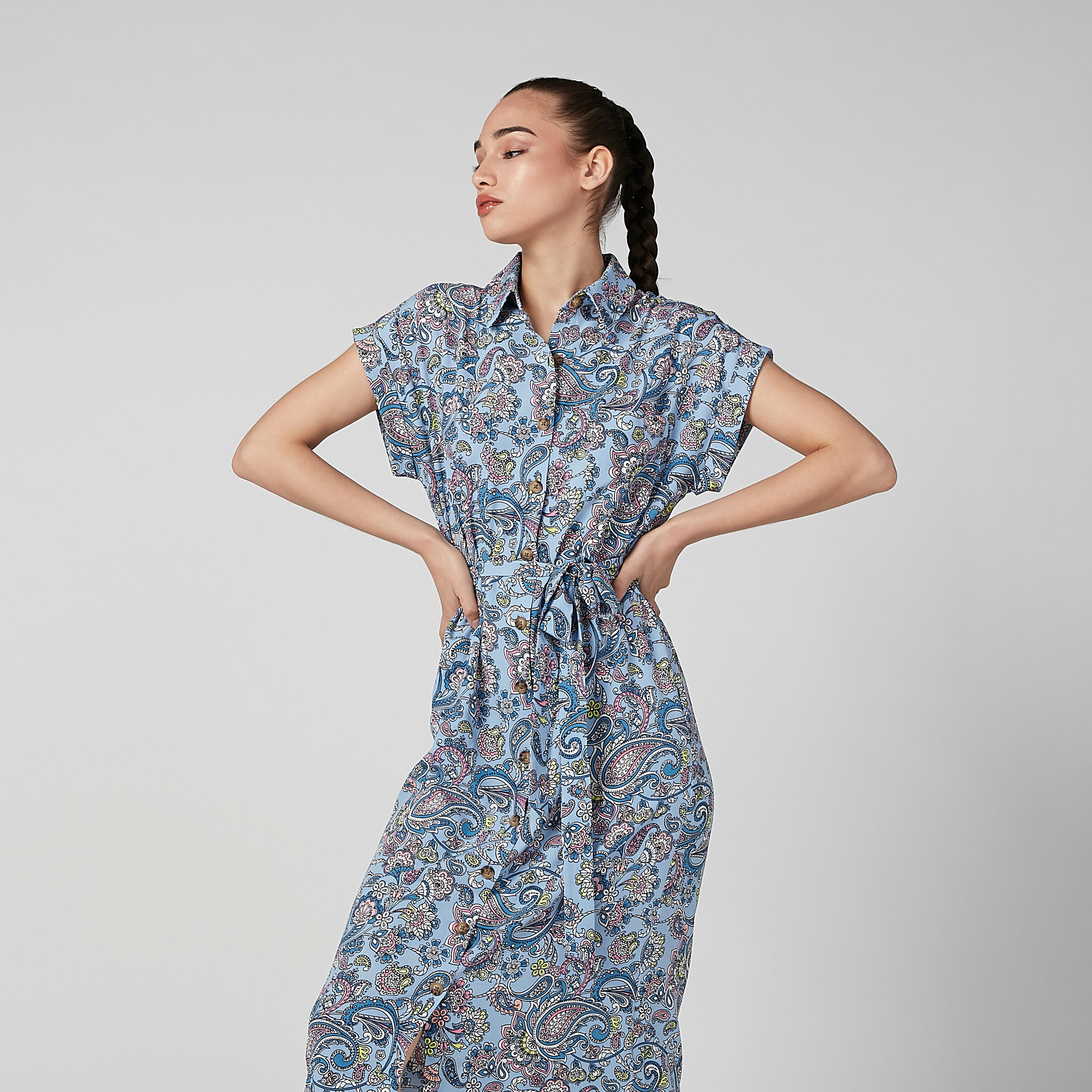 فستان قميص إيه لاين متوسط الطول بأكمام متصلة وأربطة وطبعات-women-clothing-dresses-image-6