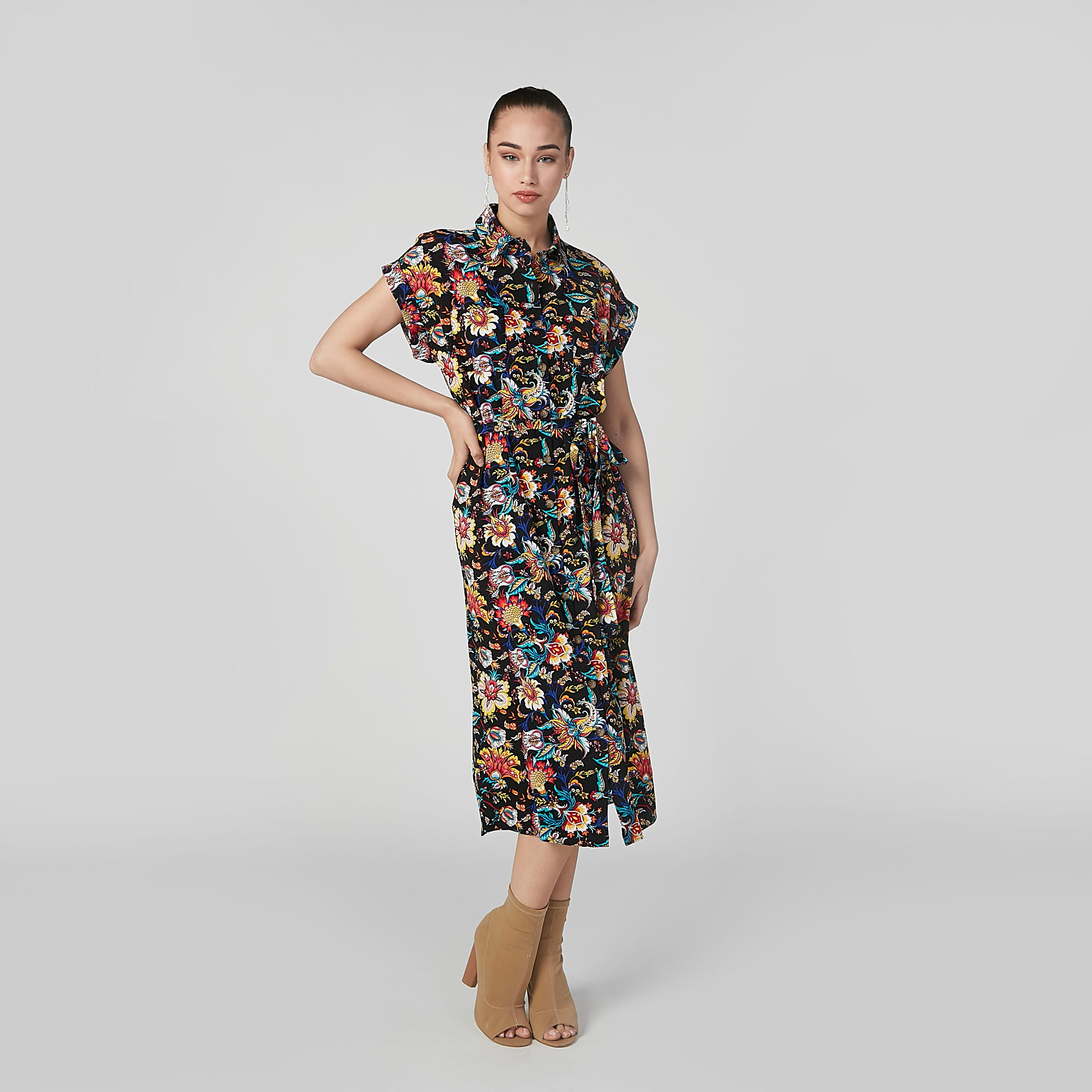 فستان قميص متوسط الطول بأكمام متصلة وأربطة وطبعات زهرية-women-clothing-dresses-image-1