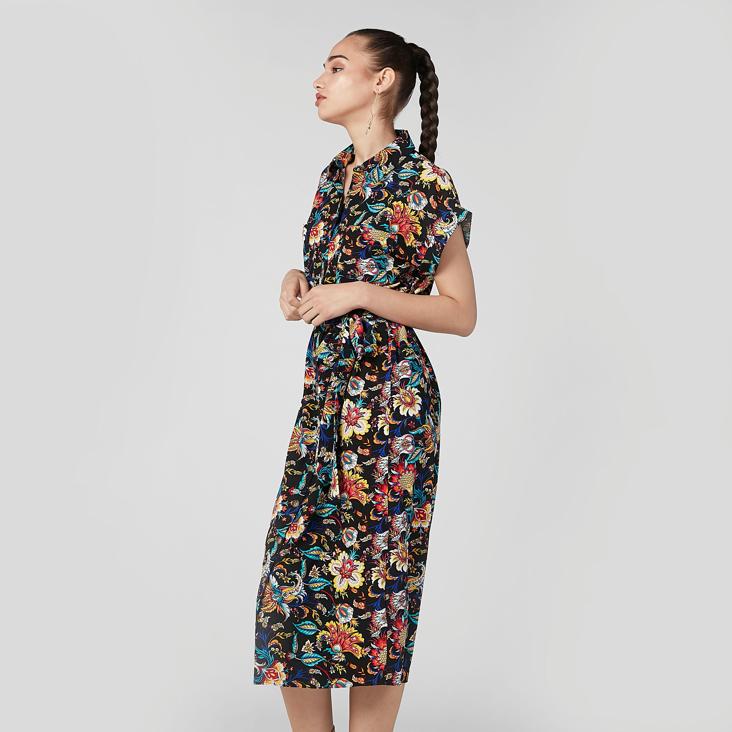 فستان قميص متوسط الطول بأكمام متصلة وأربطة وطبعات زهرية-women-clothing-dresses-image-2