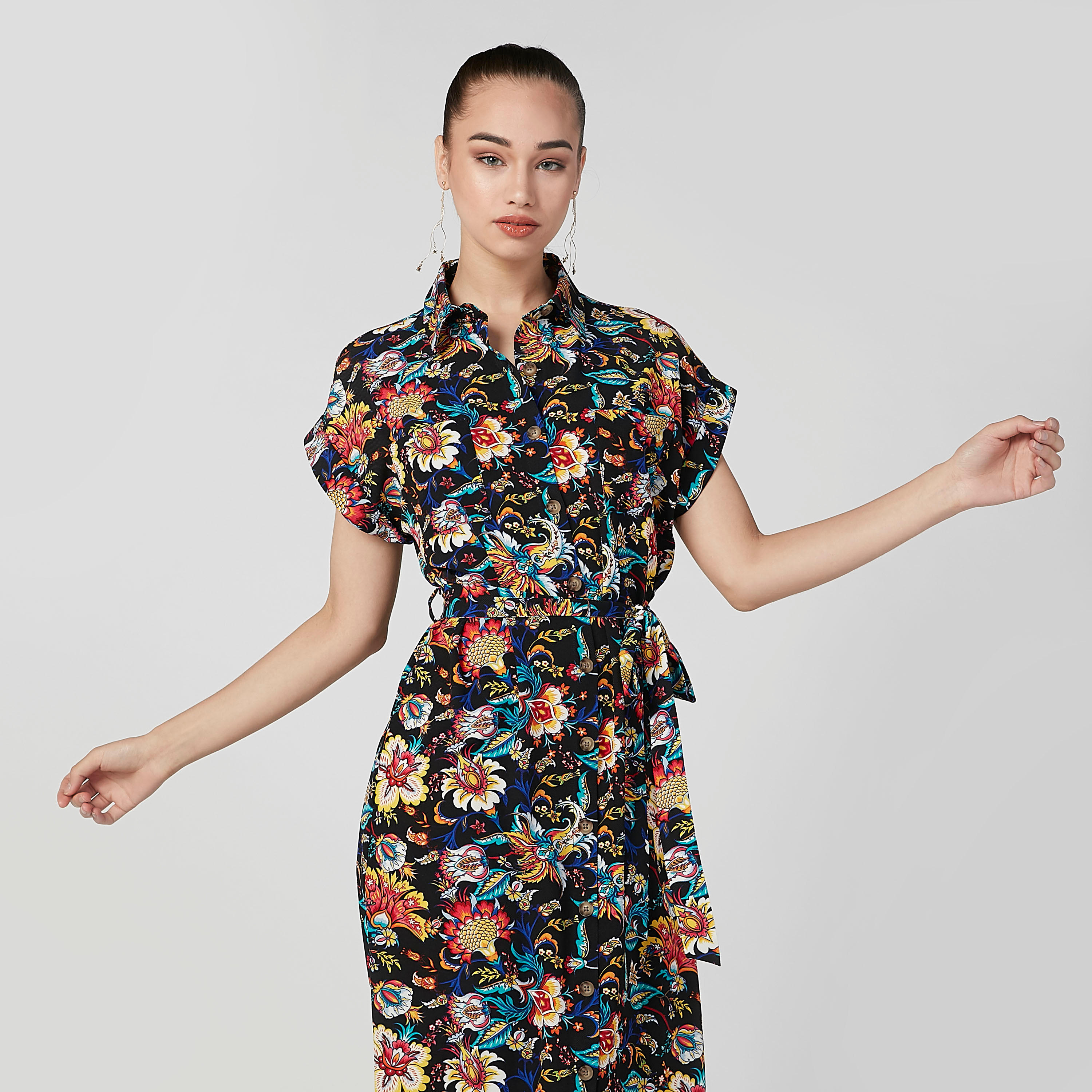 فستان قميص متوسط الطول بأكمام متصلة وأربطة وطبعات زهرية-women-clothing-dresses-image-5
