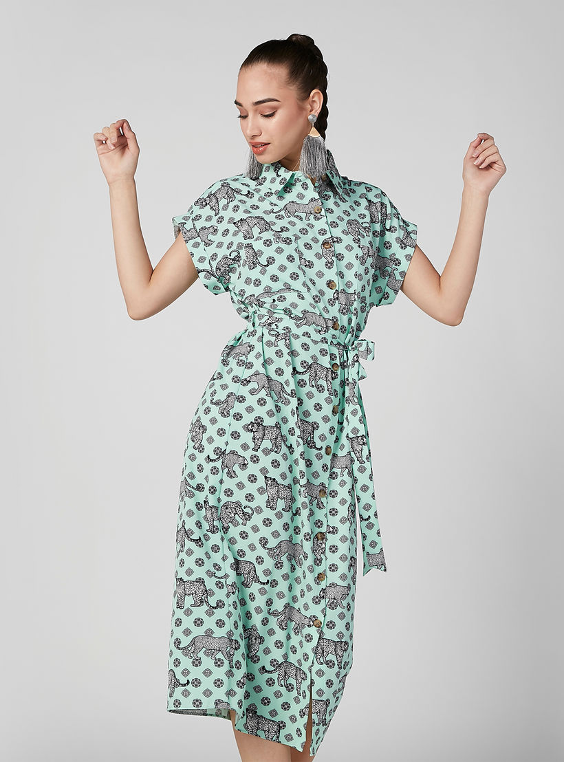 فستان قميص إيه لاين متوسط الطول بأكمام متصلة وأربطة وطبعات-women-clothing-dresses-image-1