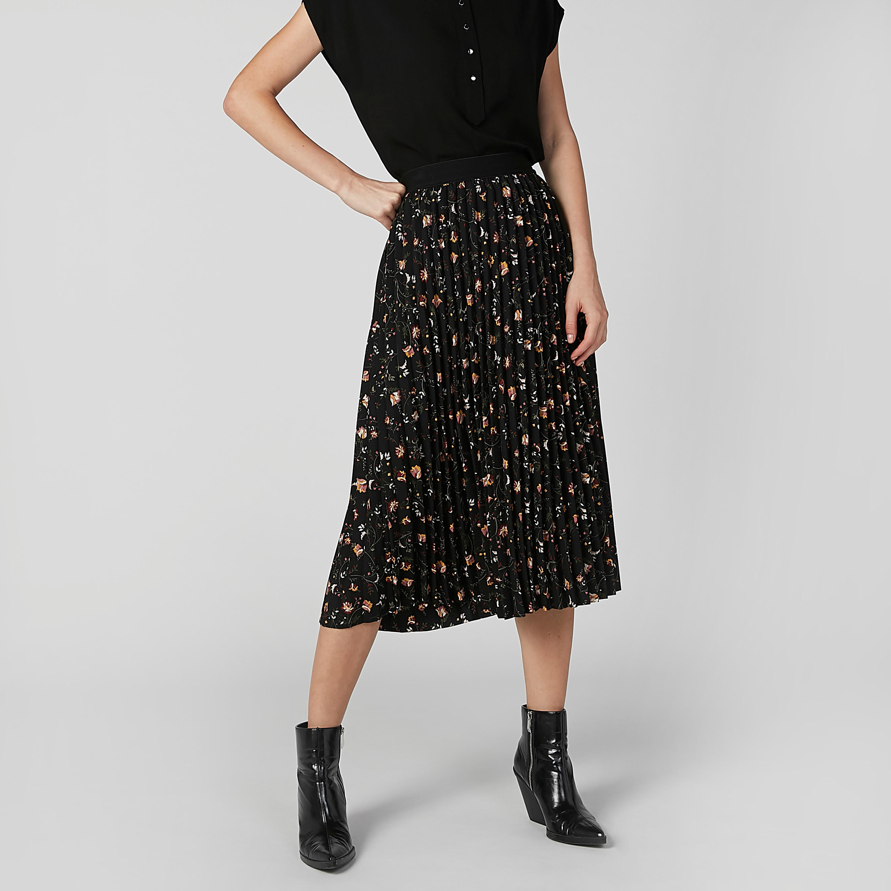 تنورة إيه لاين متوسطة الطول بخصر مطّاطي وثنيات وطبعات-women-clothing-bottoms-skirts-image-3