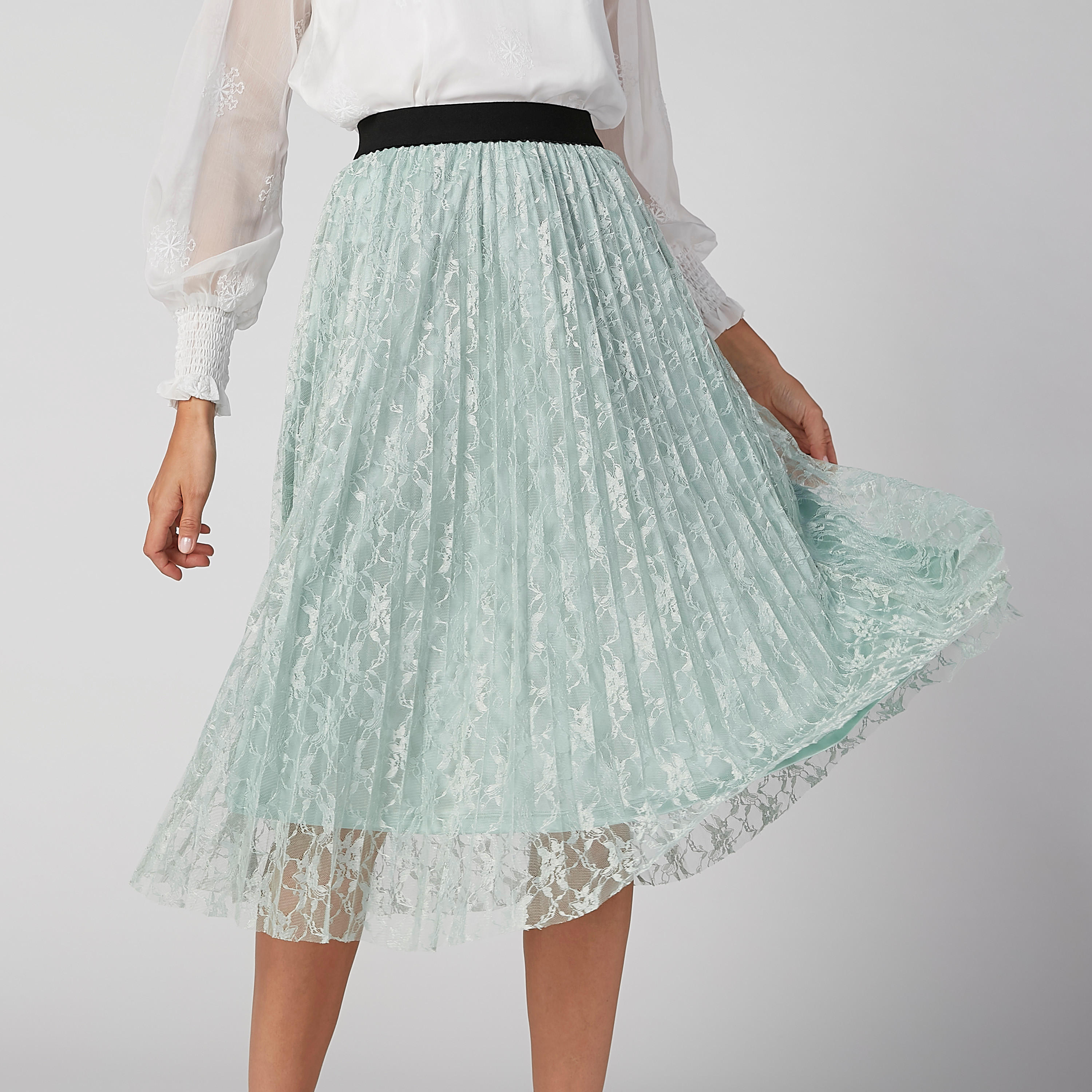 تنورة بارزة الملمس متعددة الطبقات إيه لاين متوسطة الطول بخصر مطّاطي-women-clothing-bottoms-skirts-image-1