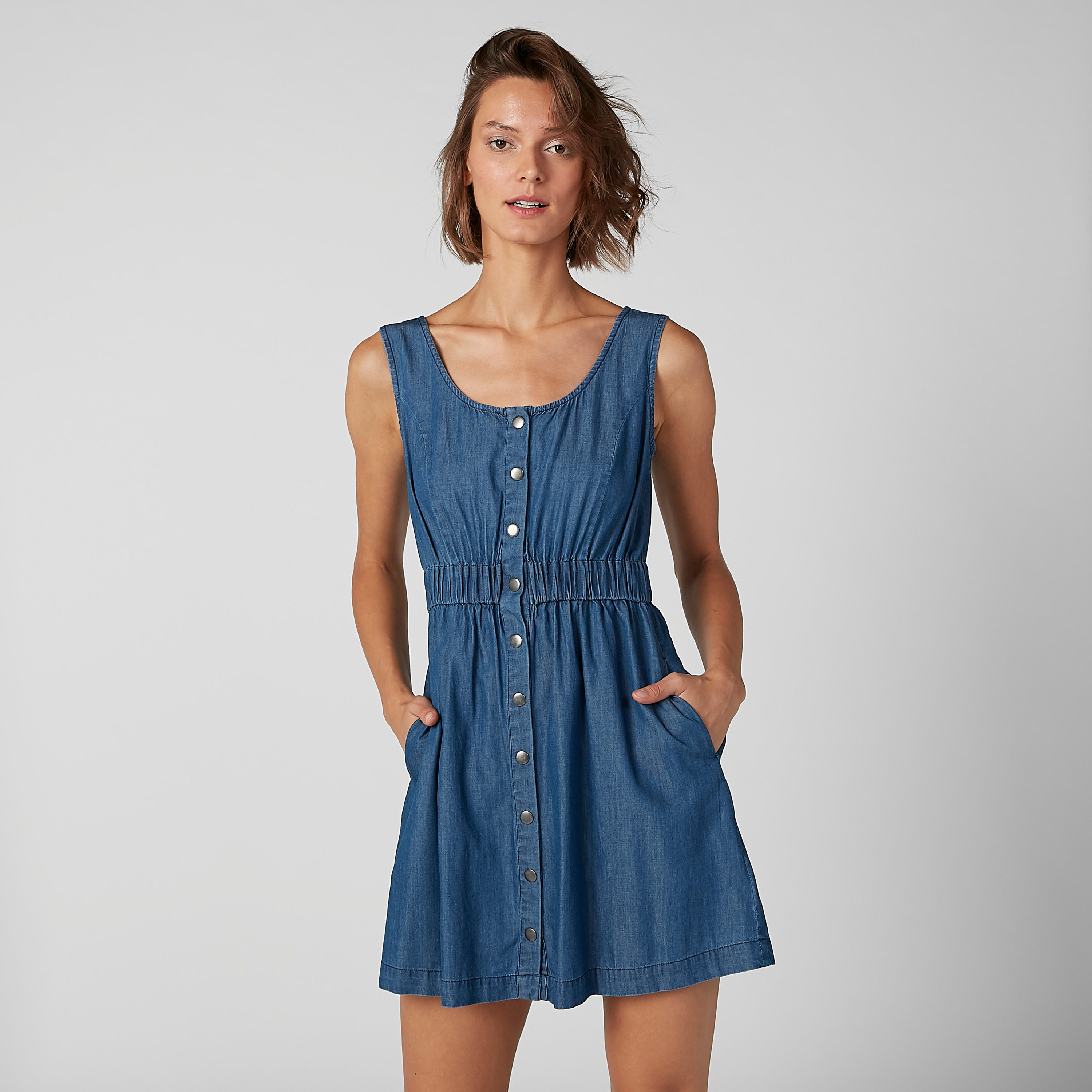 فستان سادة قصير واسع دون أكمام بجيوب-women-clothing-dresses-image-6