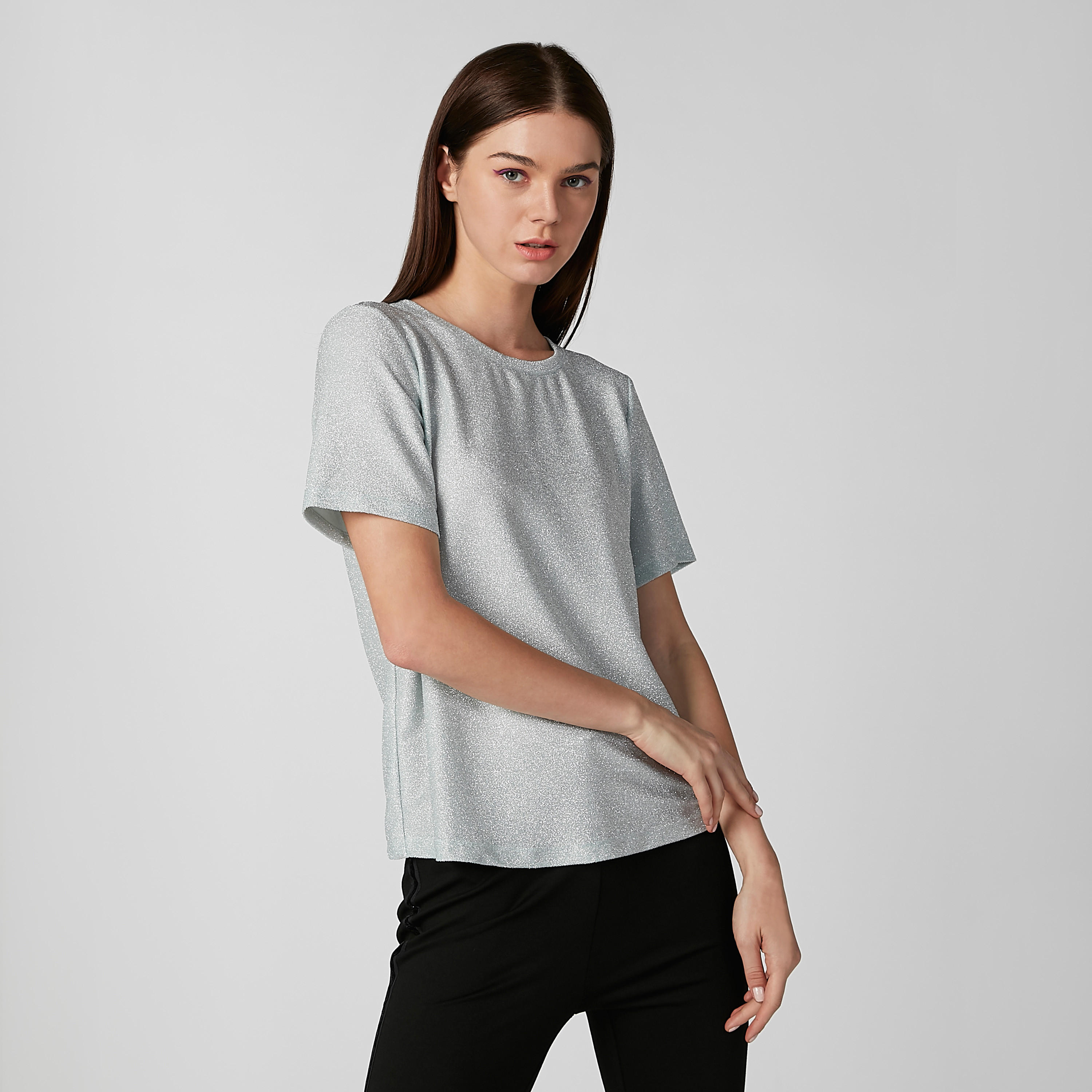 Textured Top with Round Neck and Short Sleeves-women-clothing-shirtsandblouses-blouses-image-2