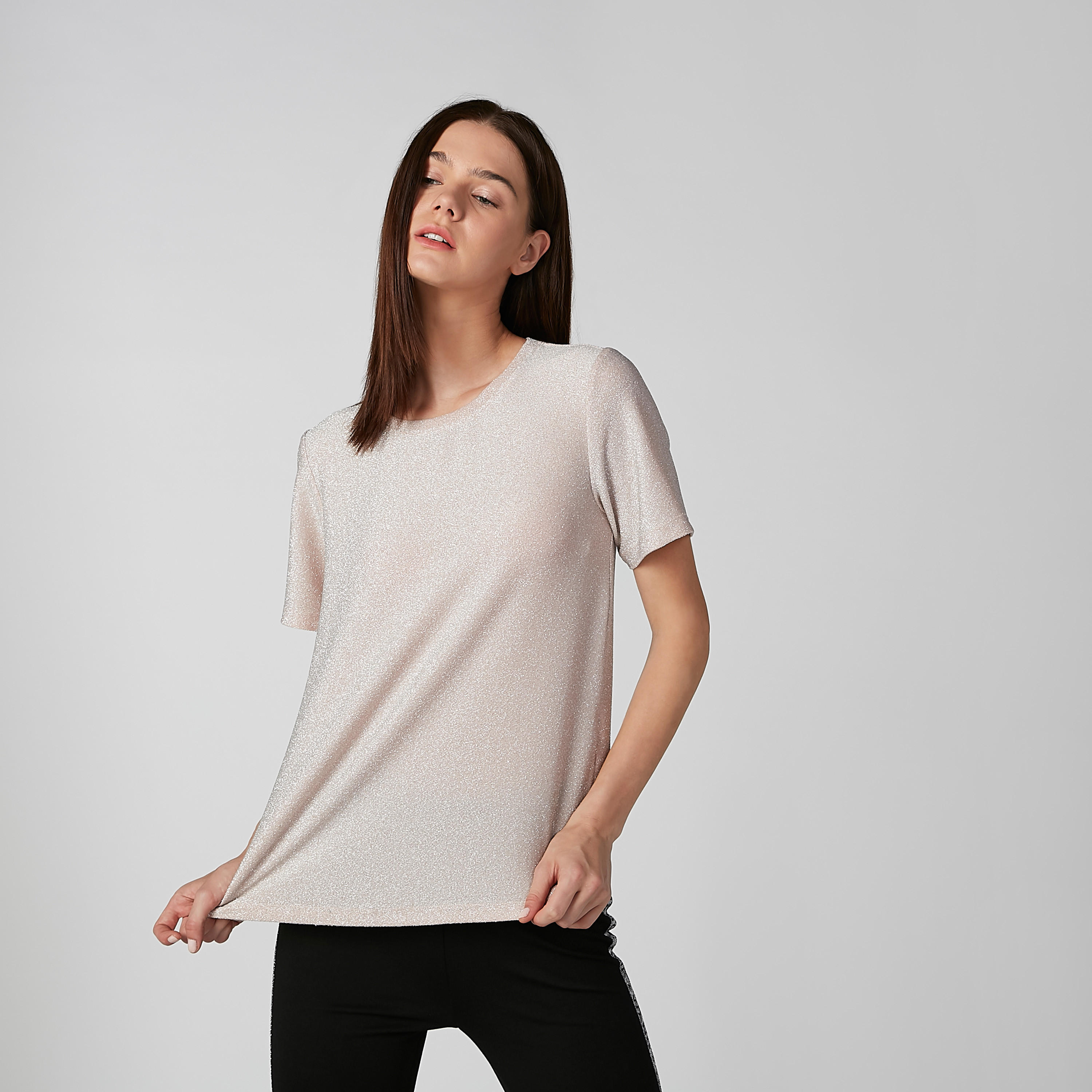 بلوزة بارزة الملمس بياقة مستديرة وأكمام قصيرة-women-clothing-shirtsandblouses-blouses-image-1