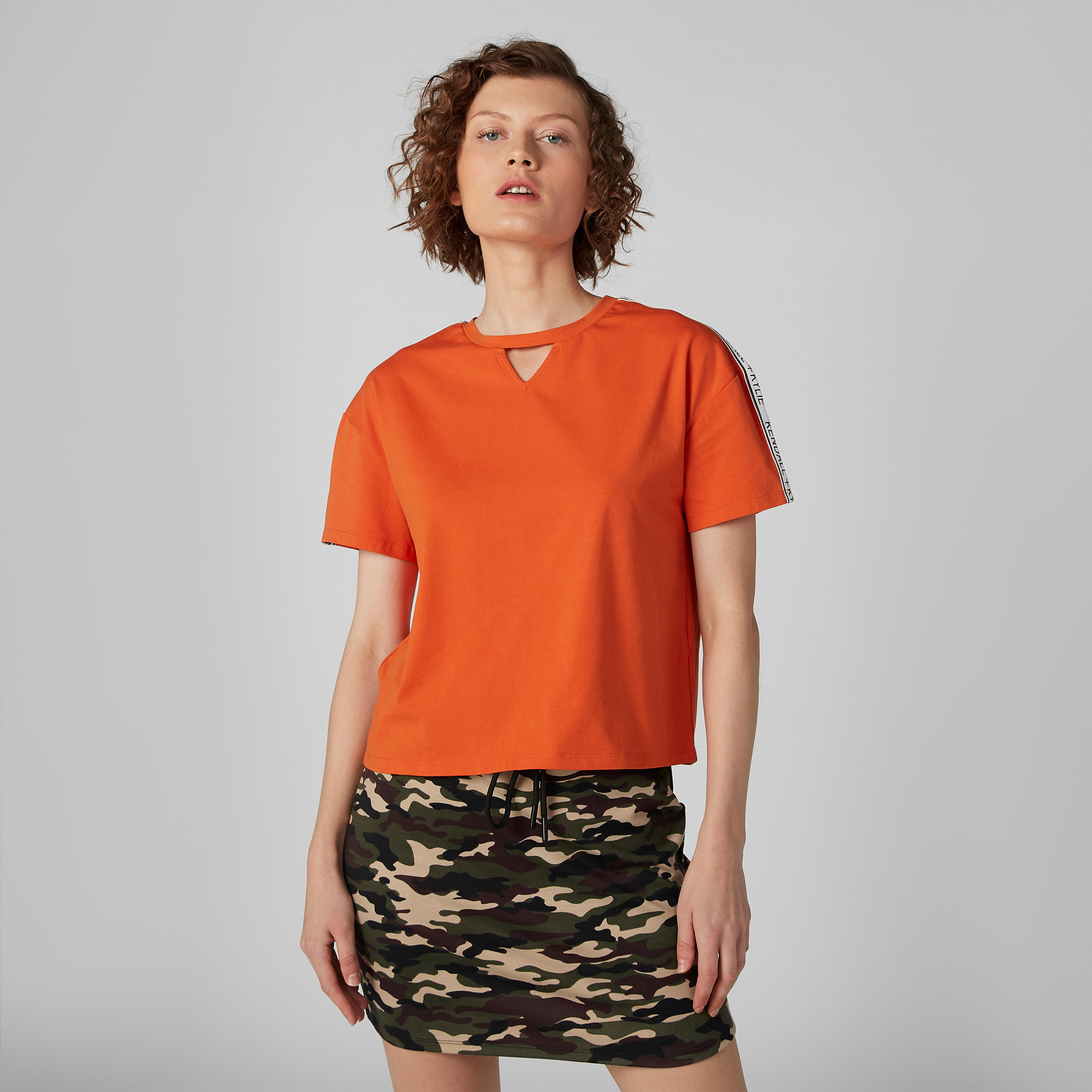 Solid Top with Cutout Neckline and Typographic Tape Detail-women-clothing-tshirts-image-2