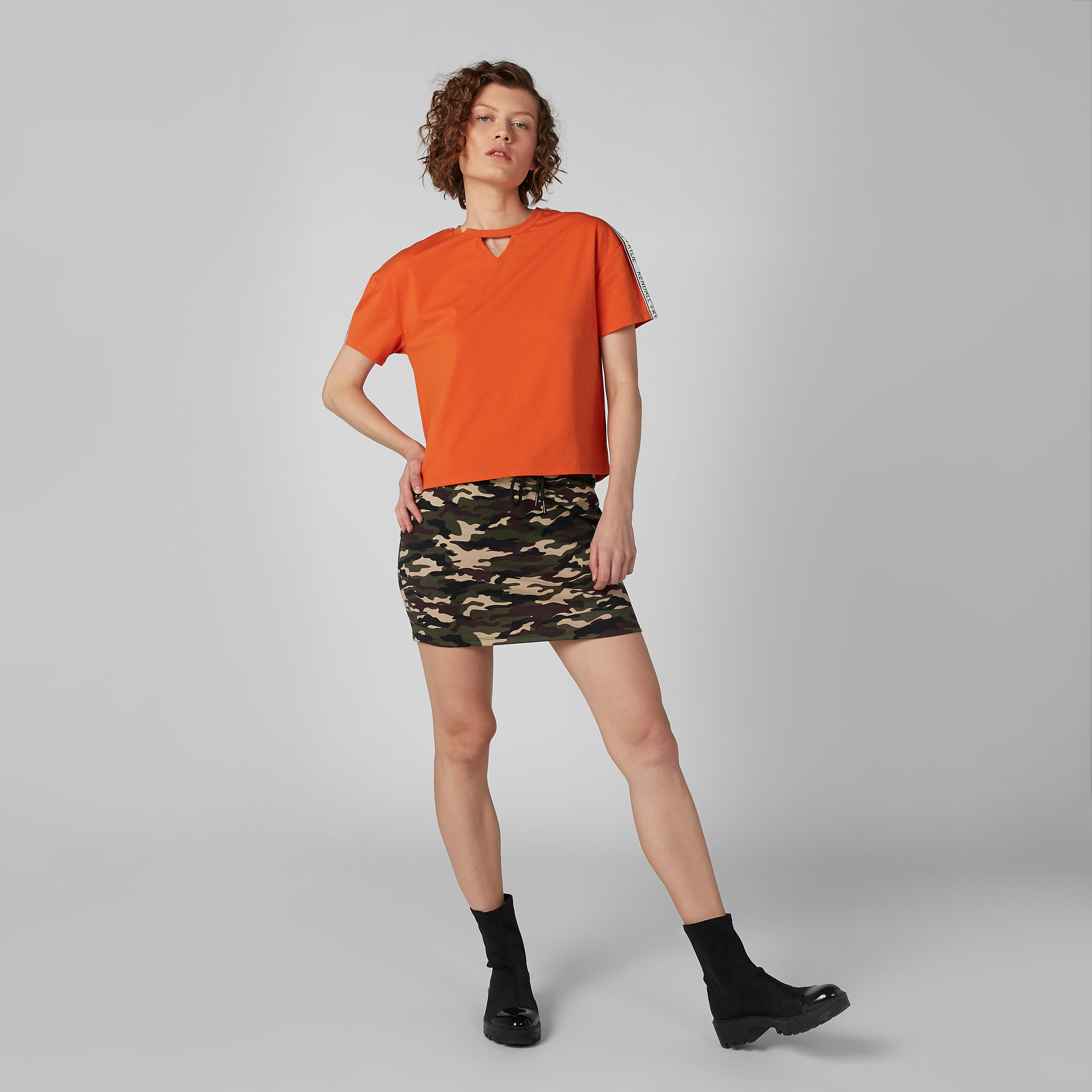 Solid Top with Cutout Neckline and Typographic Tape Detail-women-clothing-tshirts-image-3