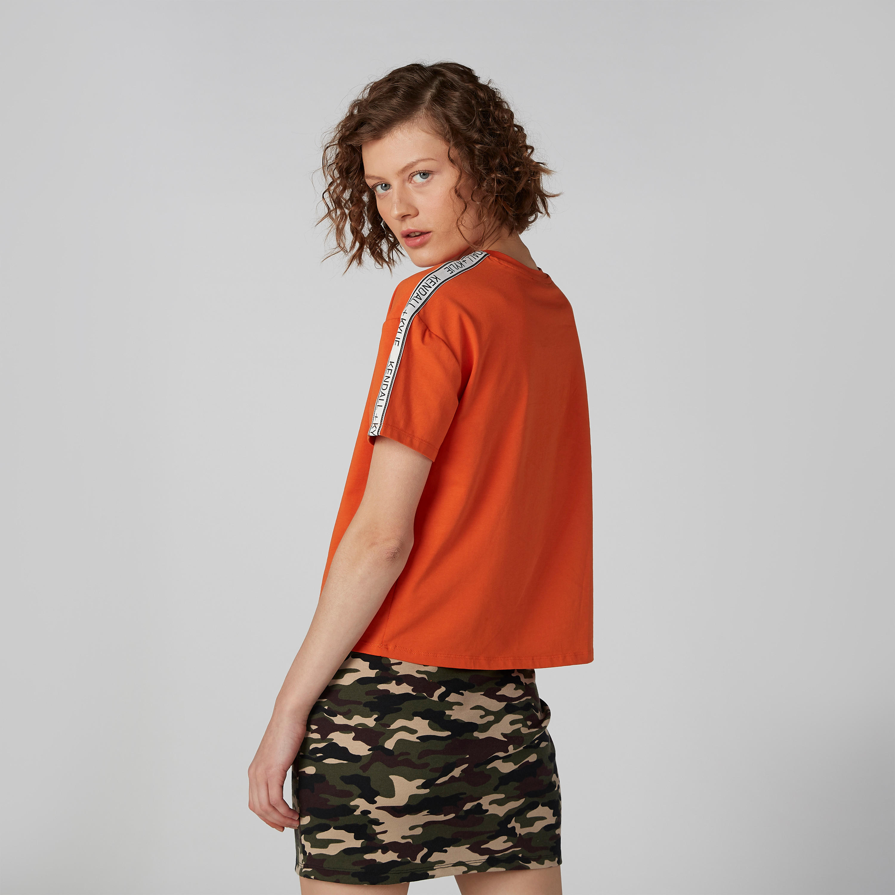 Solid Top with Cutout Neckline and Typographic Tape Detail-women-clothing-tshirts-image-4
