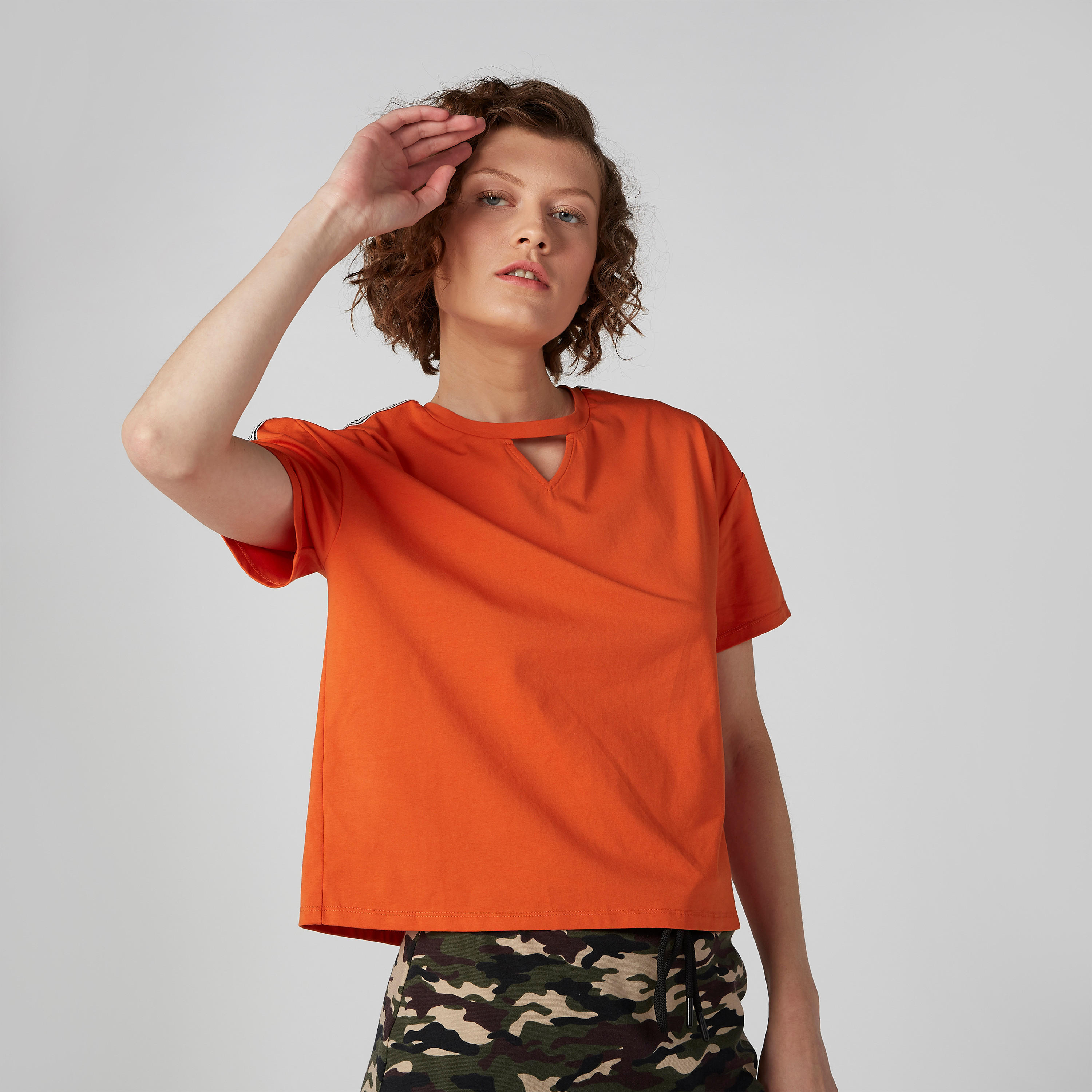 Solid Top with Cutout Neckline and Typographic Tape Detail-women-clothing-tshirts-image-5