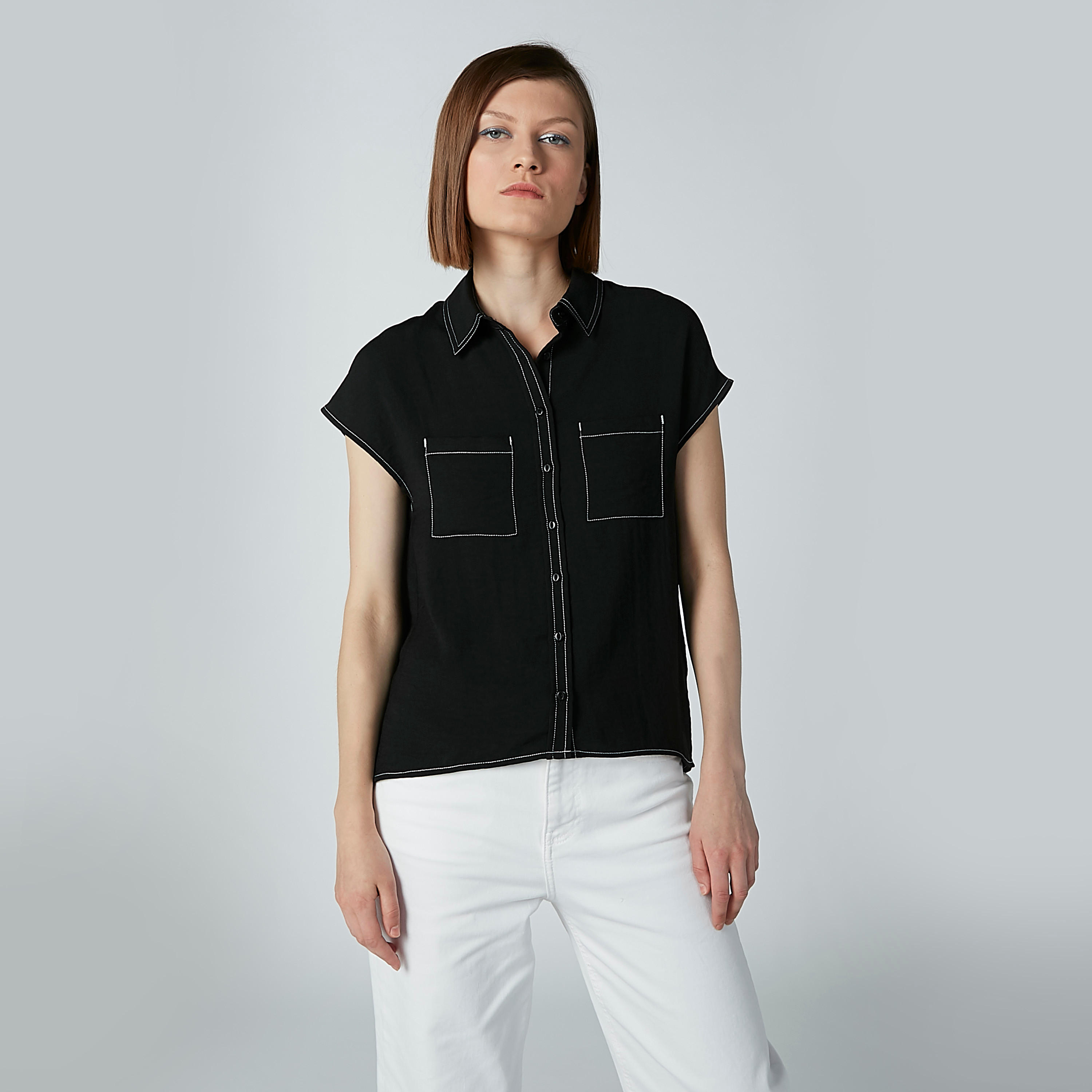 Plain Shirt with Cap Sleeves and Chest Pocket-women-clothing-shirtsandblouses-blouses-image-15