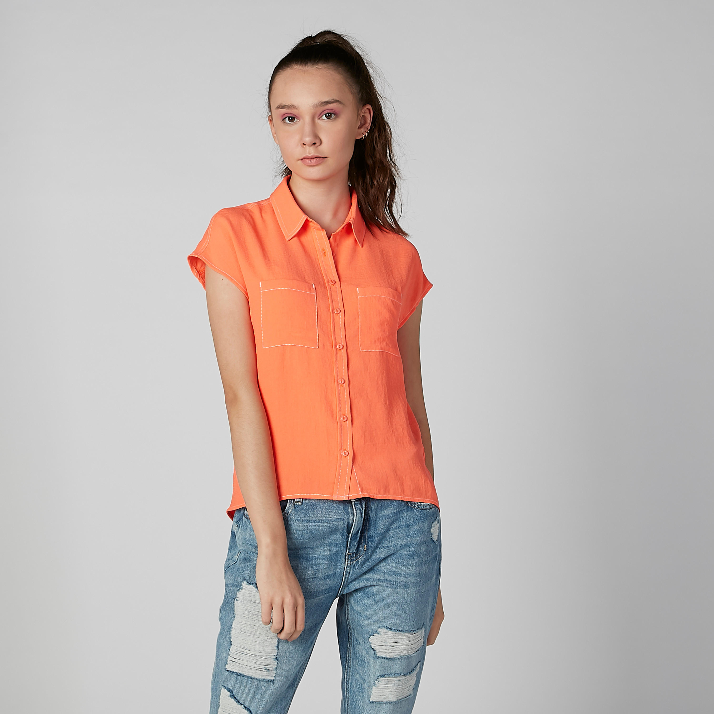 Plain Shirt with Cap Sleeves and Chest Pocket-women-clothing-shirtsandblouses-blouses-image-14