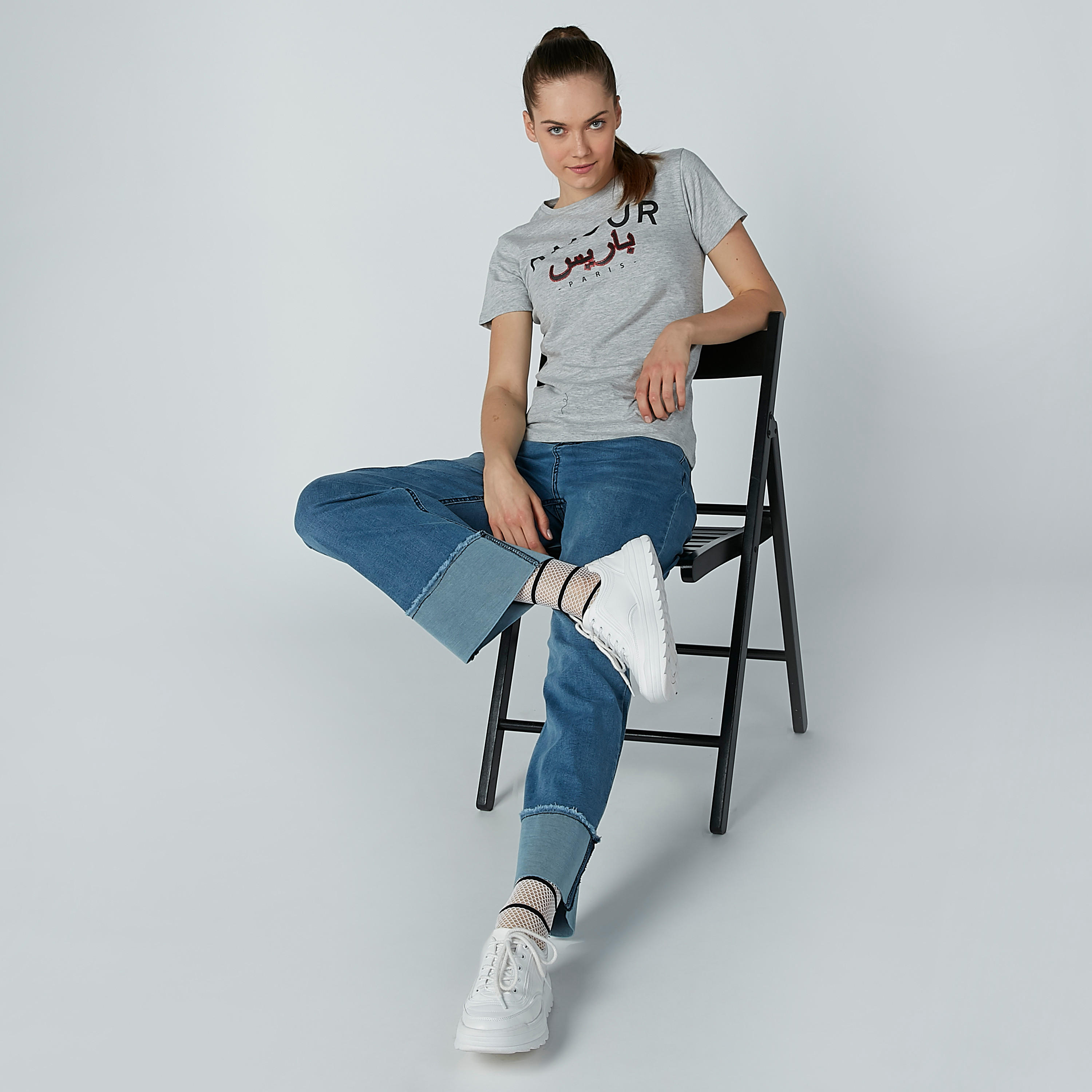 Typographic Print Round Neck T-shirt with Short Sleeves-women-clothing-tshirts-image-1