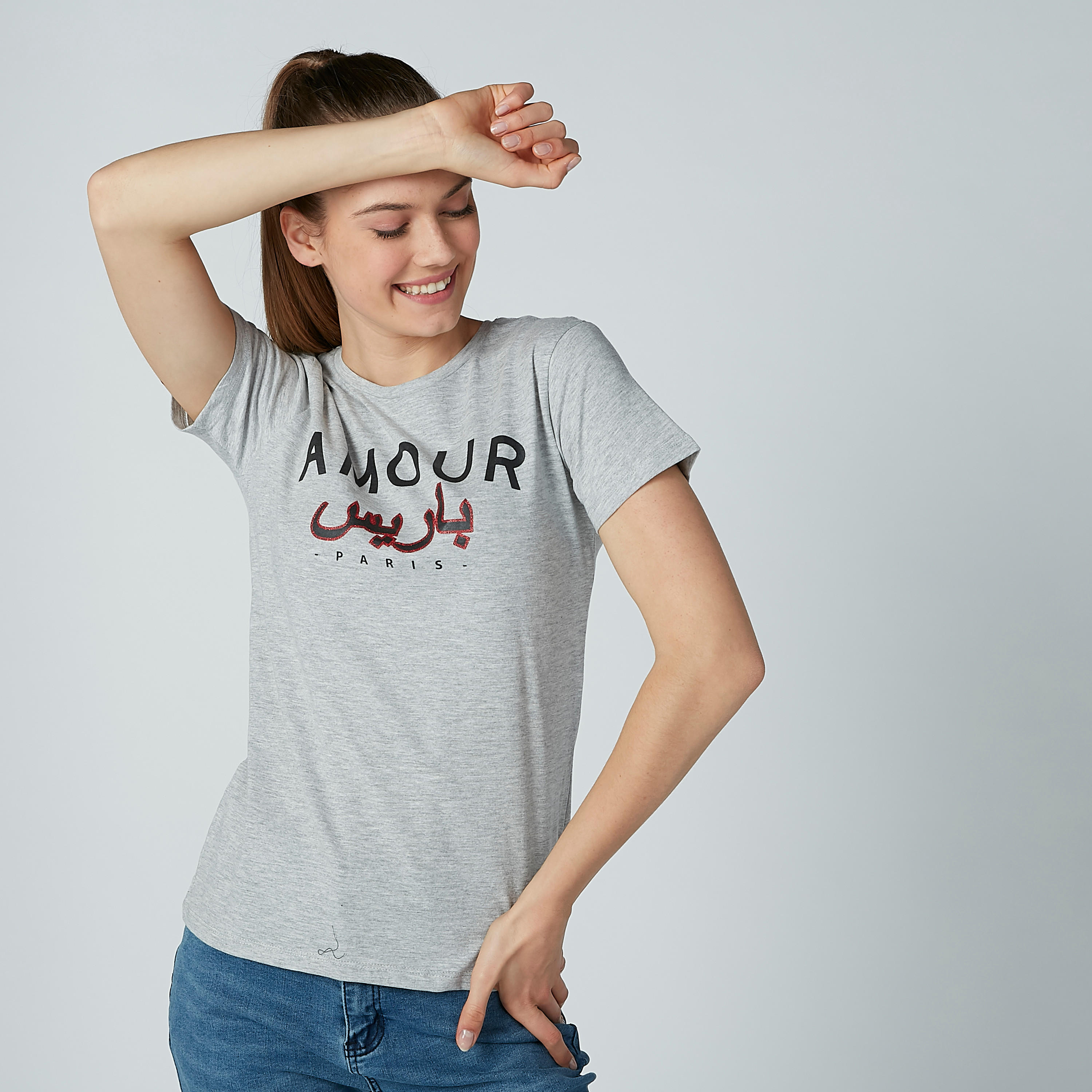 Typographic Print Round Neck T-shirt with Short Sleeves-women-clothing-tshirts-image-2