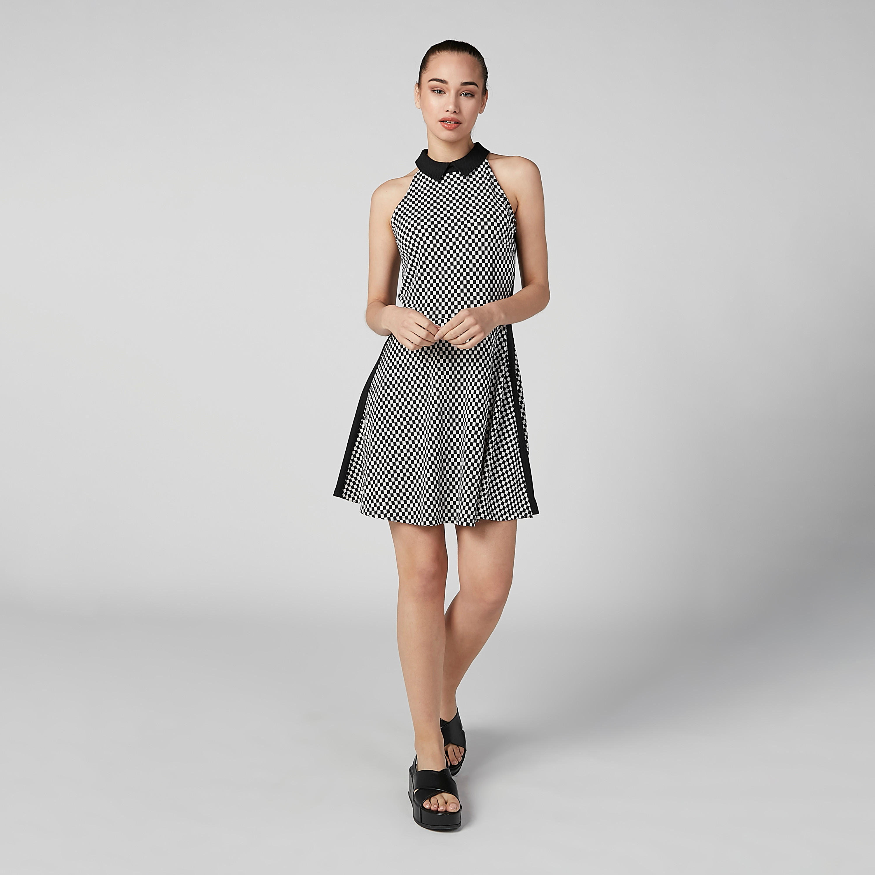 فستان كاروهات إيه لاين قصير دون أكمام بياقة مستديرة-women-clothing-dresses-image-1