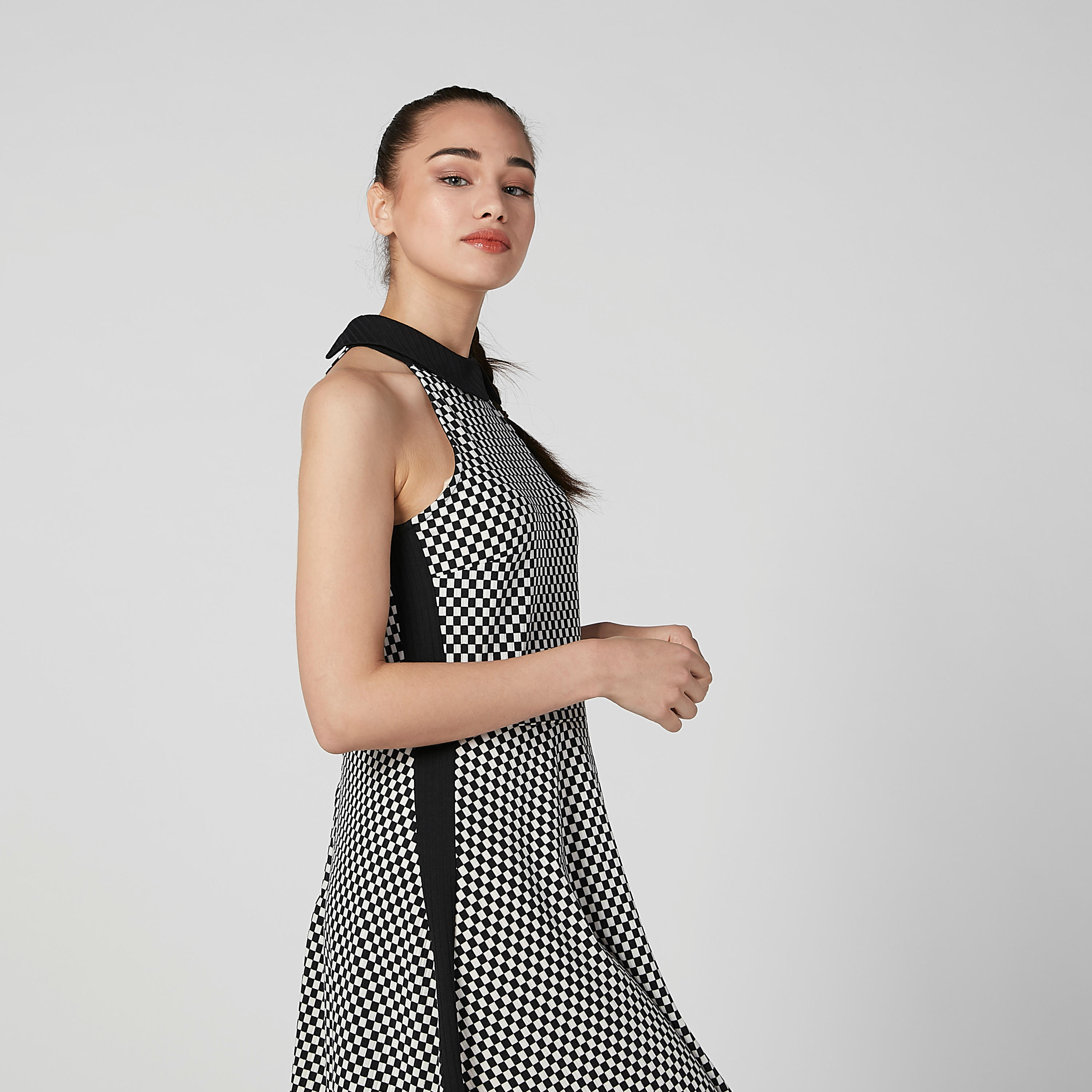 فستان كاروهات إيه لاين قصير دون أكمام بياقة مستديرة-women-clothing-dresses-image-2