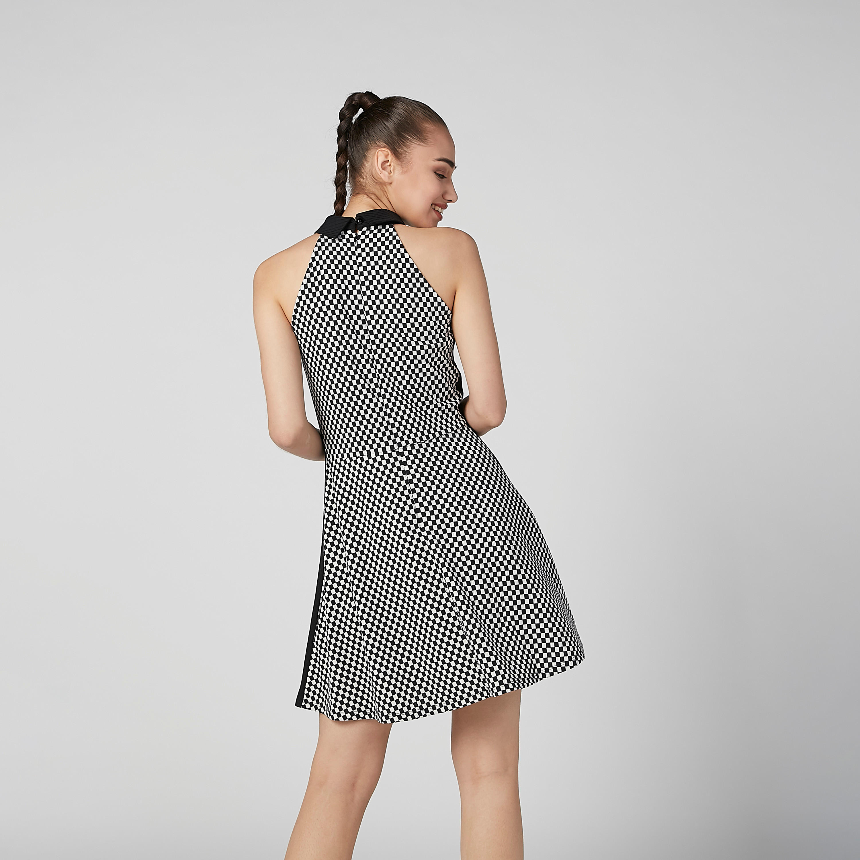 فستان كاروهات إيه لاين قصير دون أكمام بياقة مستديرة-women-clothing-dresses-image-4