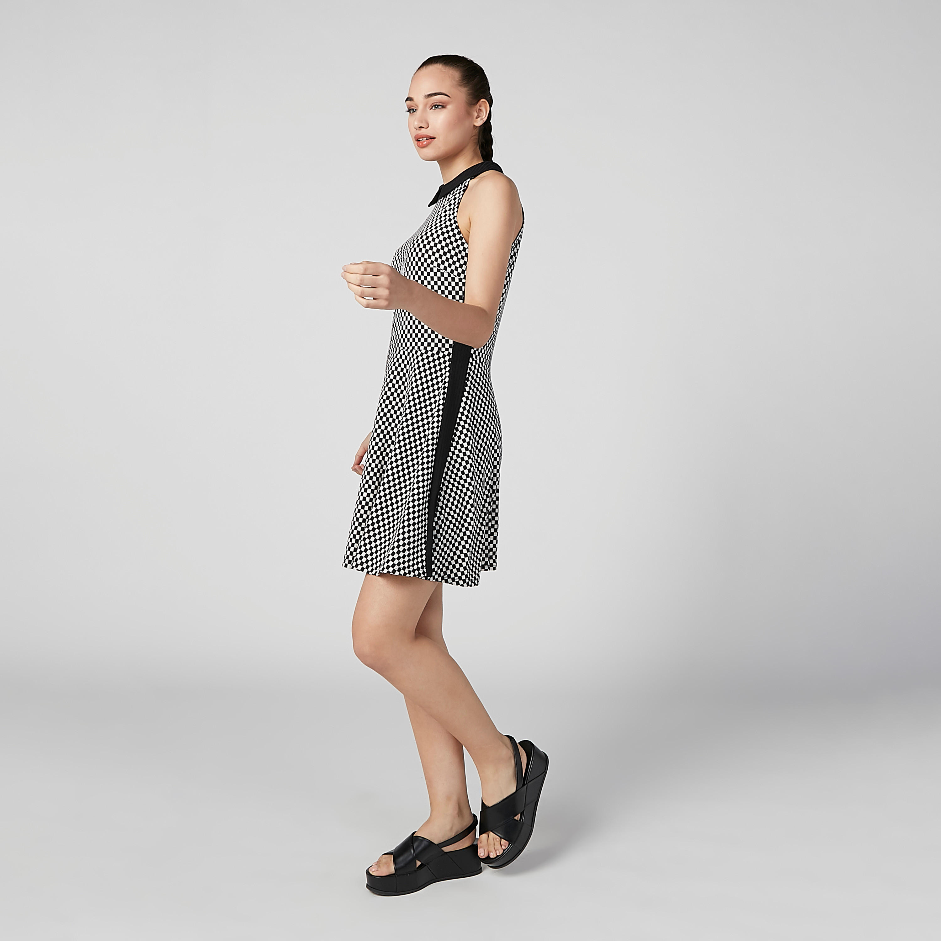 فستان كاروهات إيه لاين قصير دون أكمام بياقة مستديرة-women-clothing-dresses-image-5