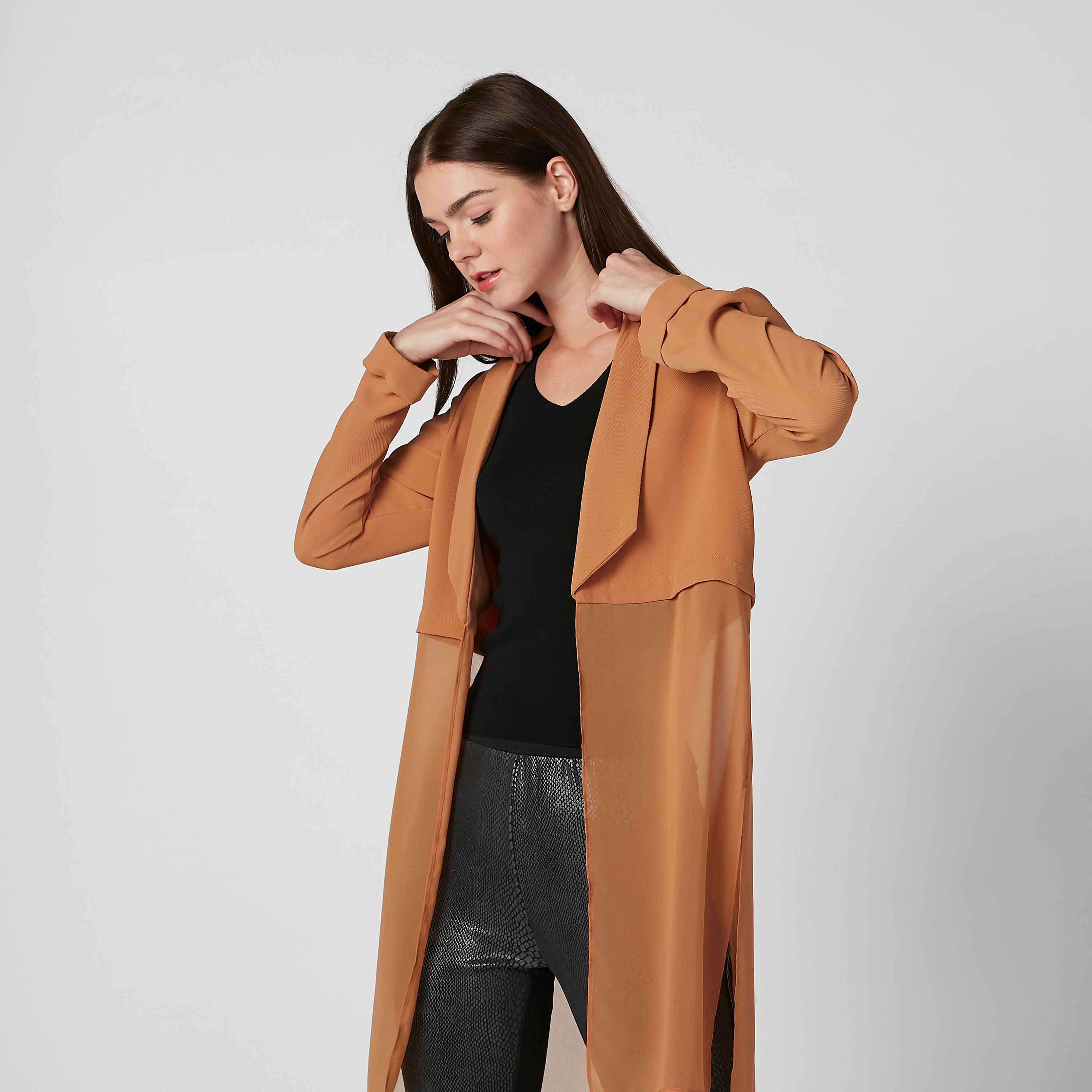 معطف طويل سادة بياقة منسدلة وأكمام طويلة-women-clothing-coatsandjackets-coats-image-1