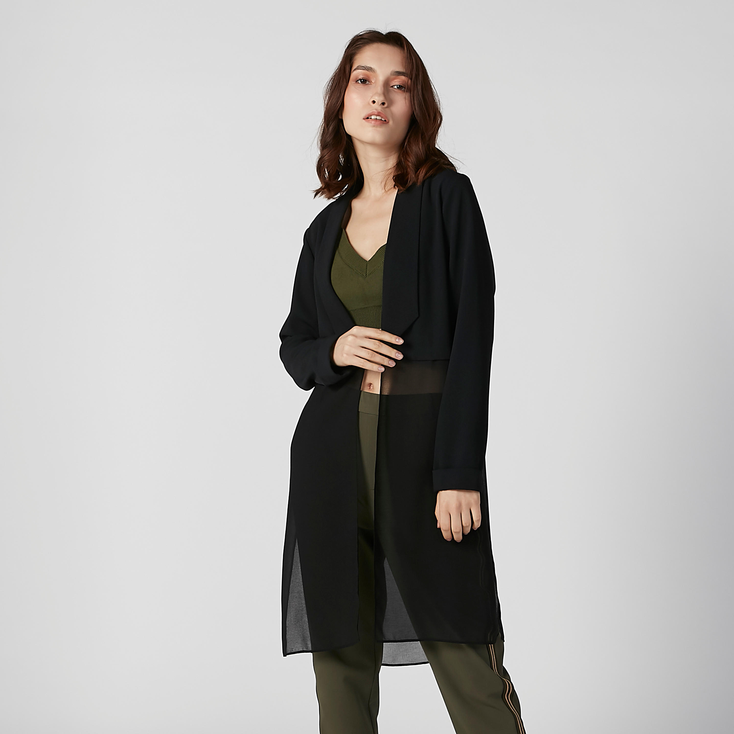 معطف طويل بارز الملمس بياقة منسدلة وأكمام طويلة-women-clothing-coatsandjackets-coats-image-1