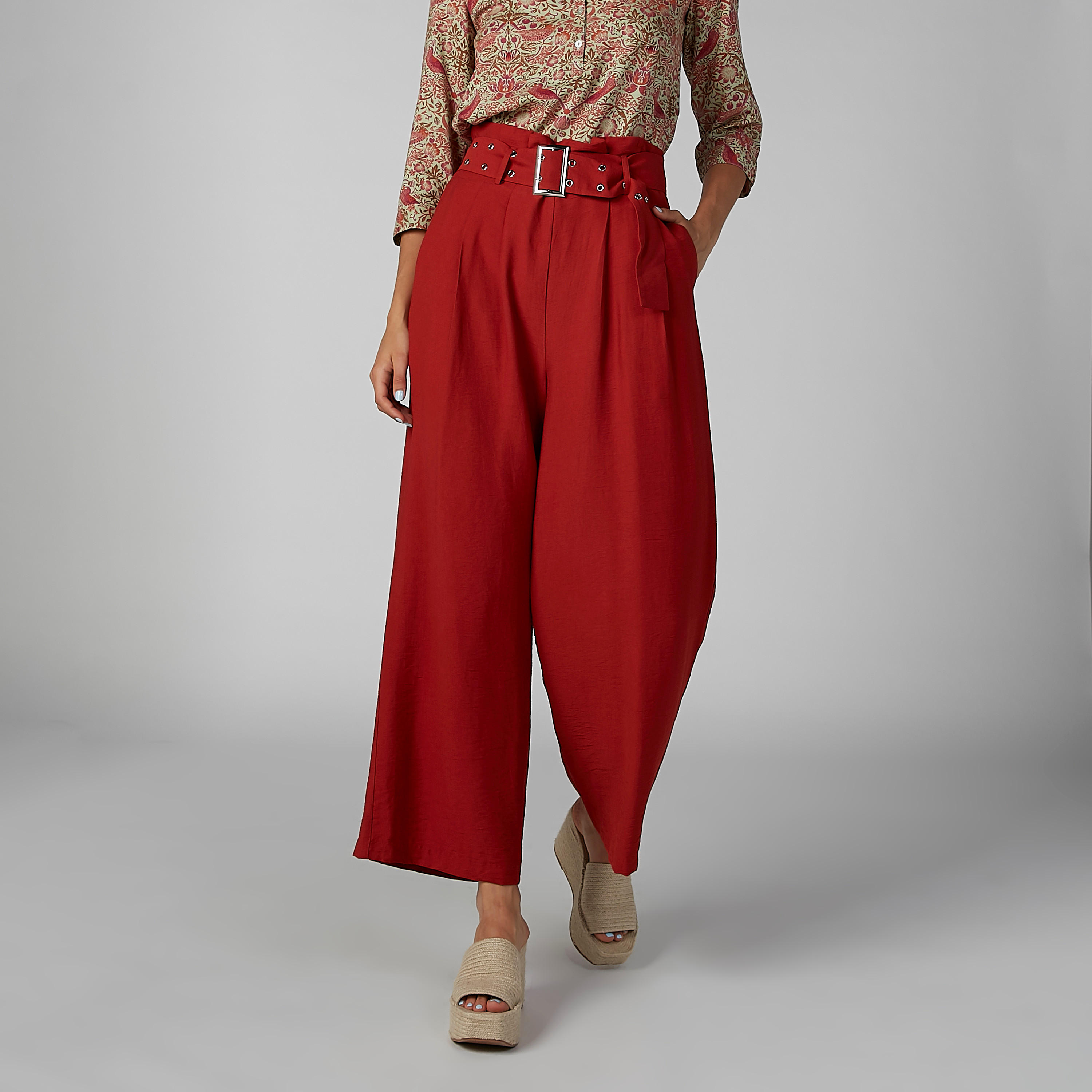 بنطال واسع الساقين سادة بخصر بيبرباج وجيوب وحلقات حزام-women-clothing-bottoms-trousers-image-1