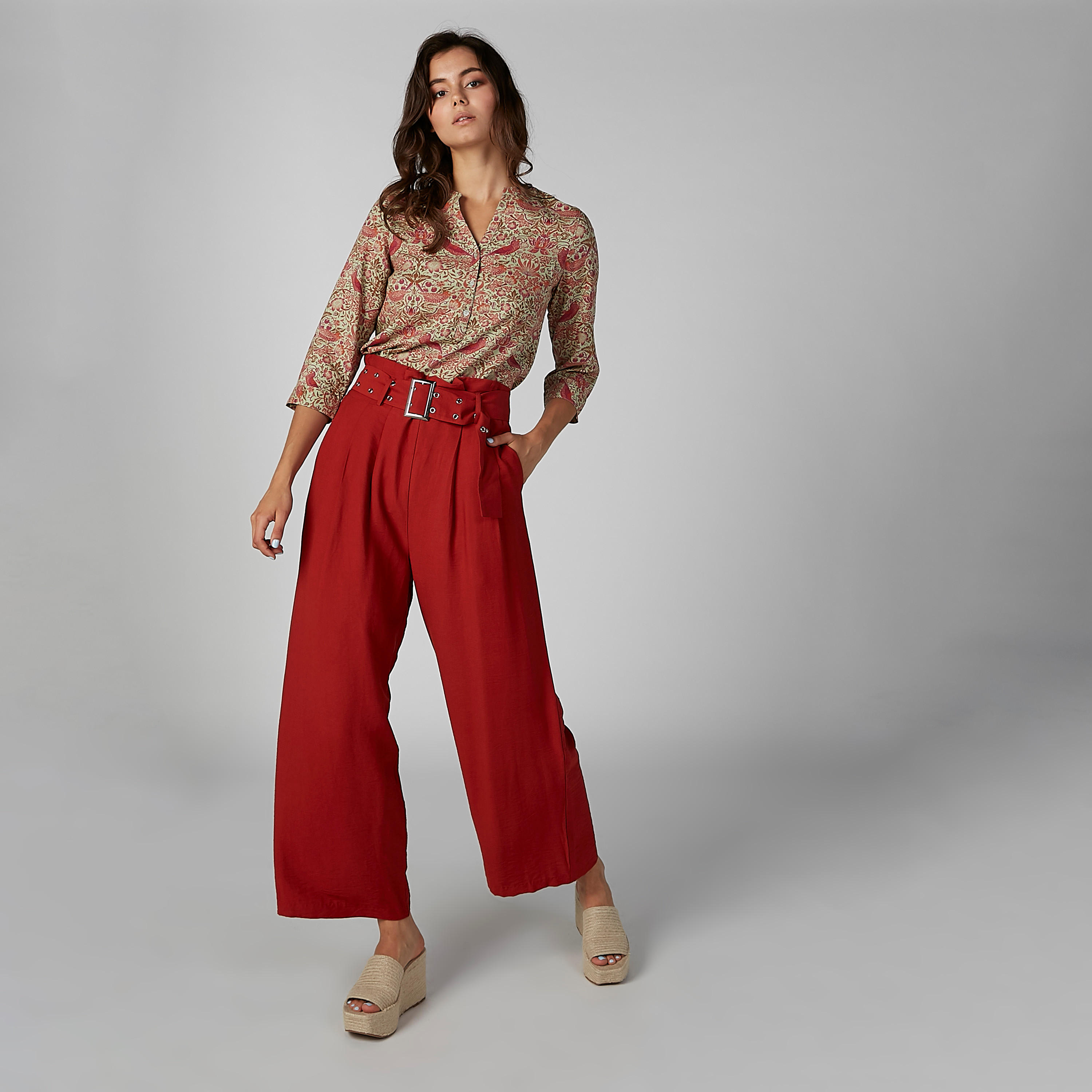 بنطال واسع الساقين سادة بخصر بيبرباج وجيوب وحلقات حزام-women-clothing-bottoms-trousers-image-2