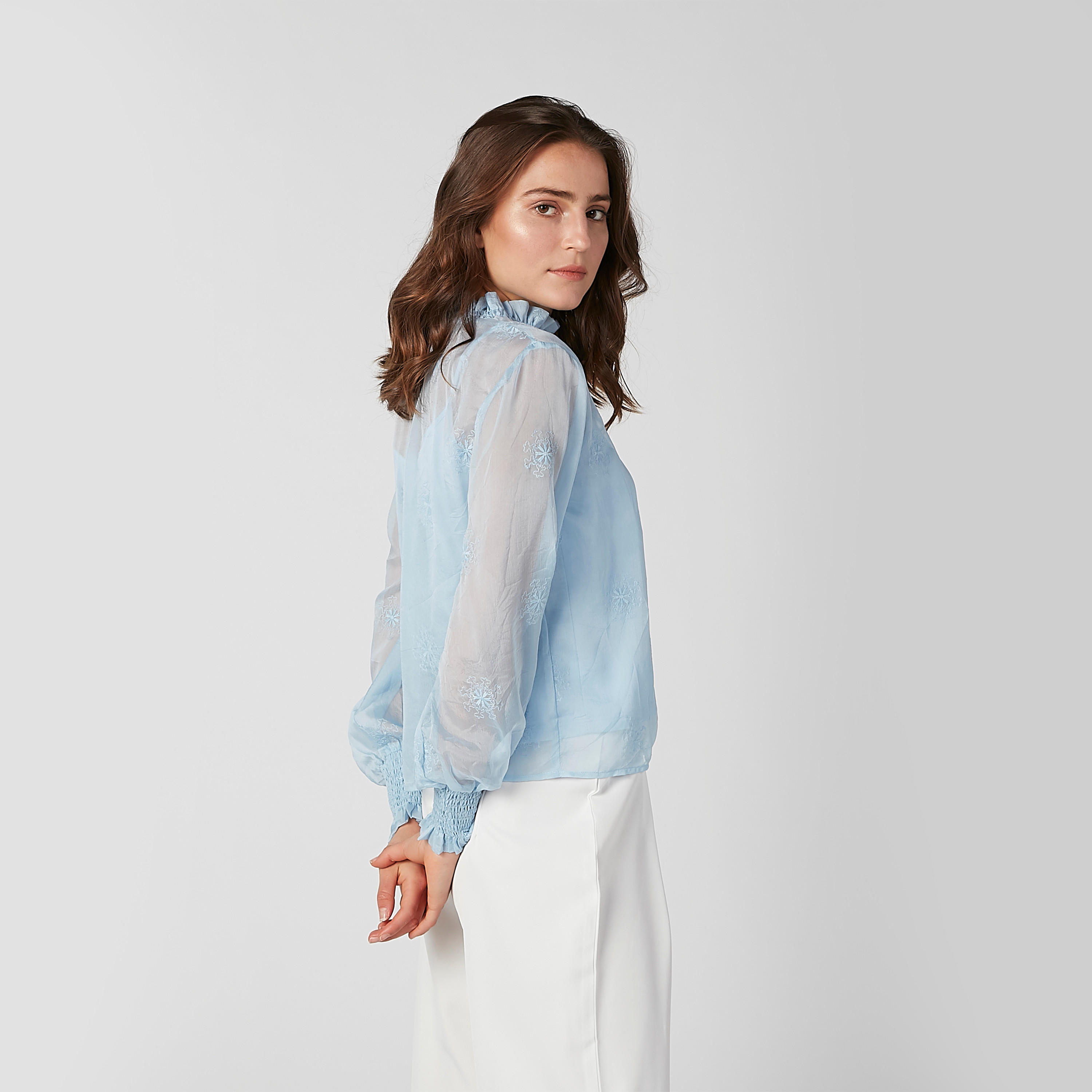 بلوزة شفافة مطرزة بياقة عالية وأكمام بيشوب-women-clothing-shirtsandblouses-blouses-image-2