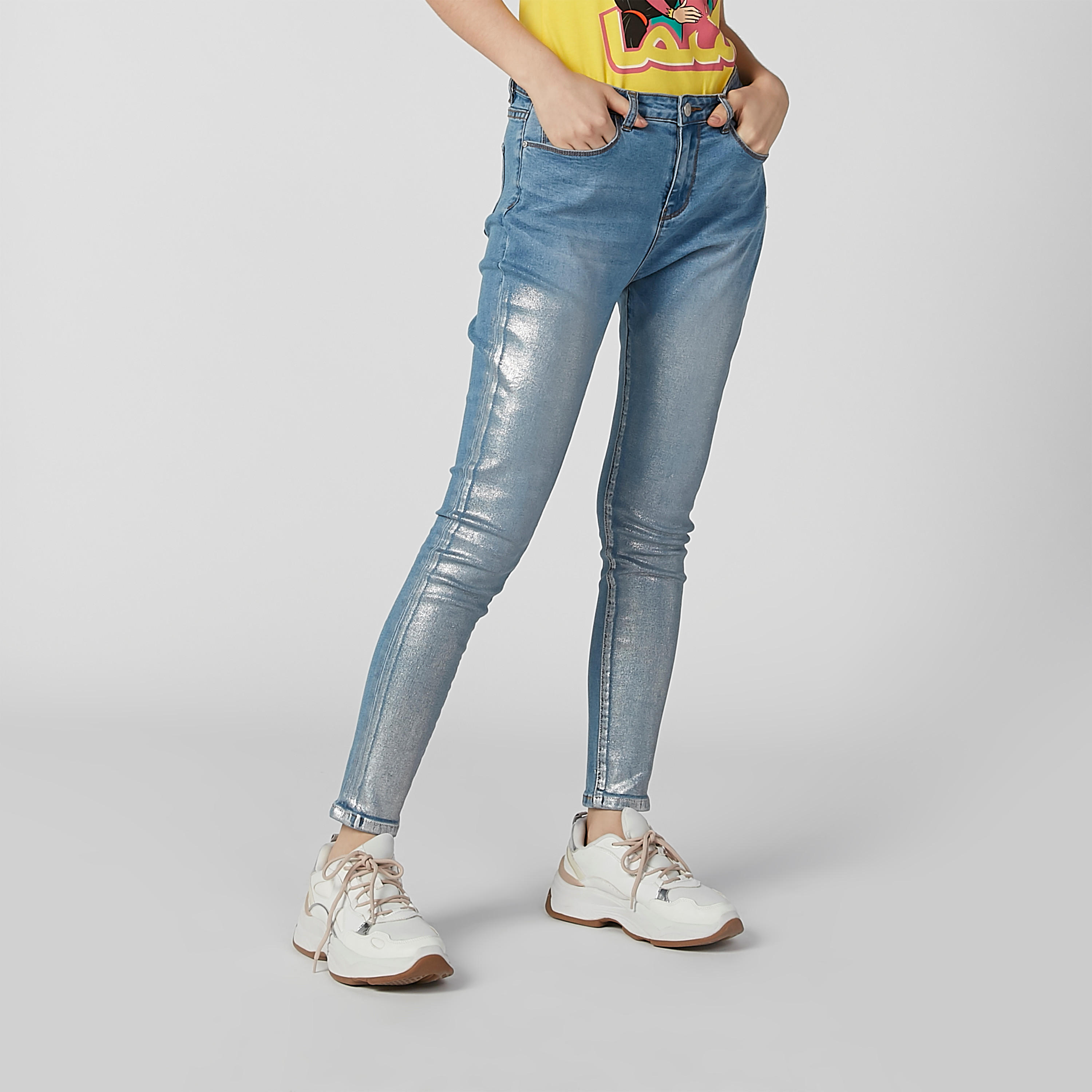 بنطال جينز بارز الملمس طويل بجيوب وحلقات للحزام-women-clothing-bottoms-jeans-image-1