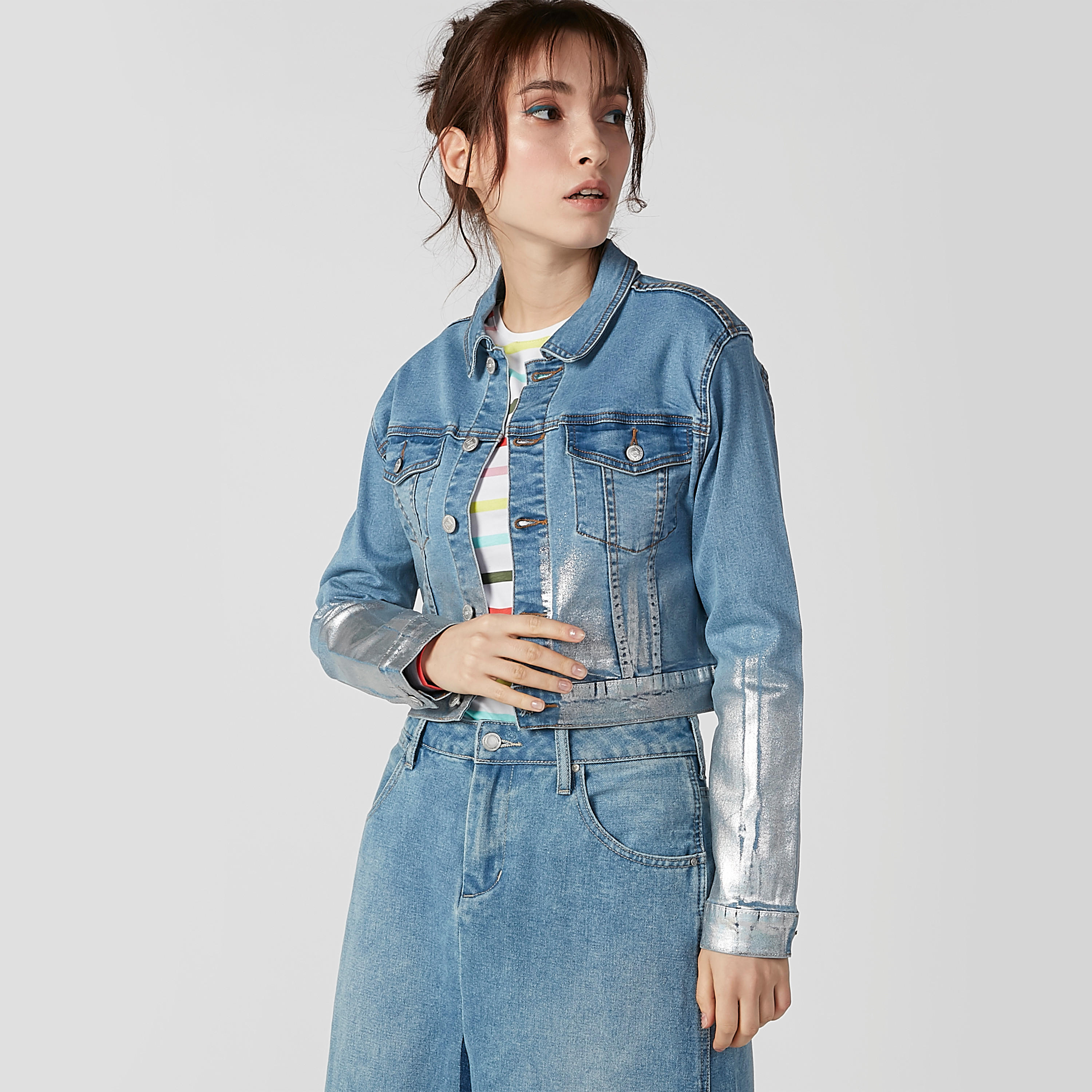 Textured Denim Jacket with Long Sleeves and Flap Pockets-women-winterwear-coatsandjackets-jackets-image-1