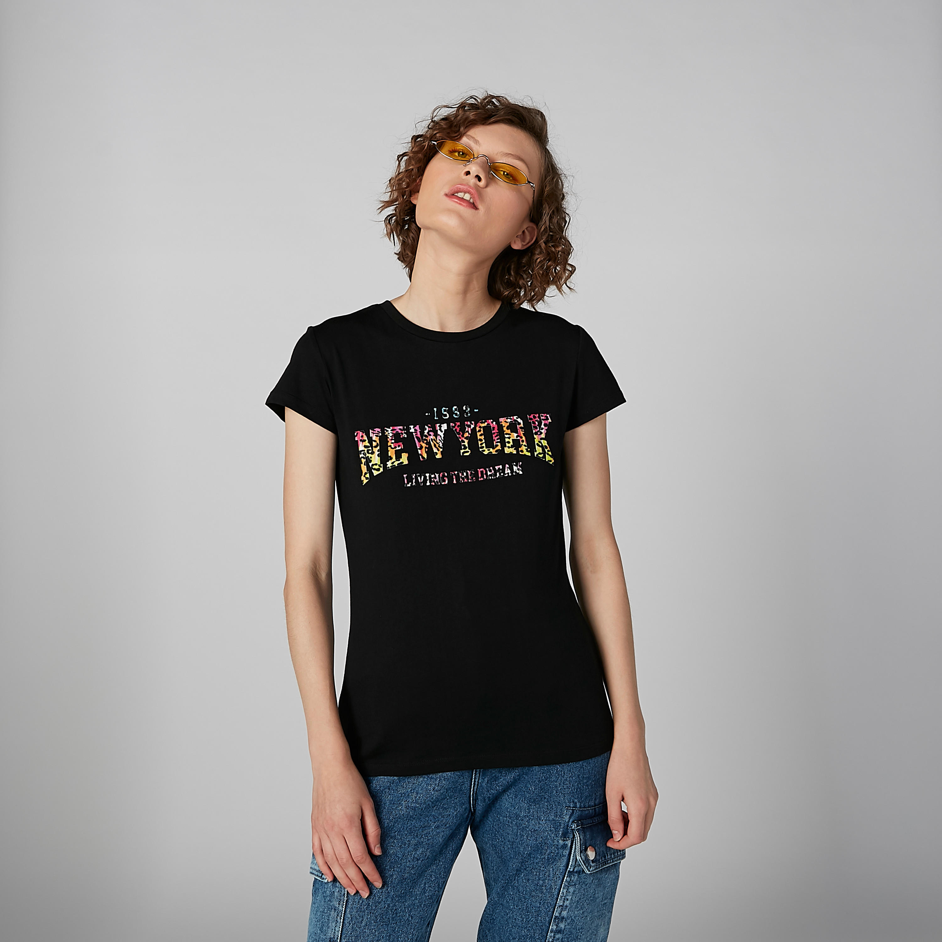 Slogan Print Round Neck T-shirt with Cap Sleeves-women-clothing-tshirts-image-2