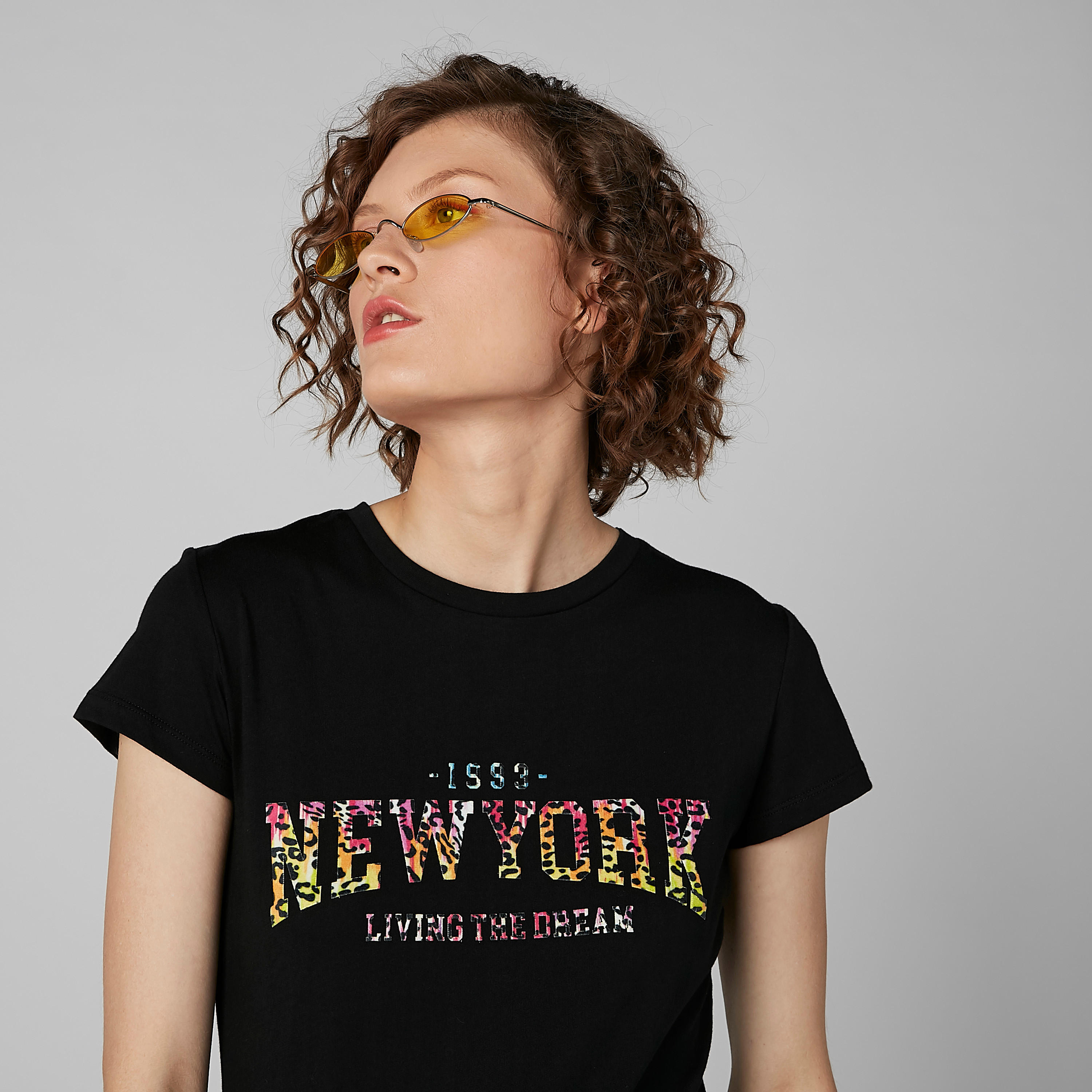 Slogan Print Round Neck T-shirt with Cap Sleeves-women-clothing-tshirts-image-3