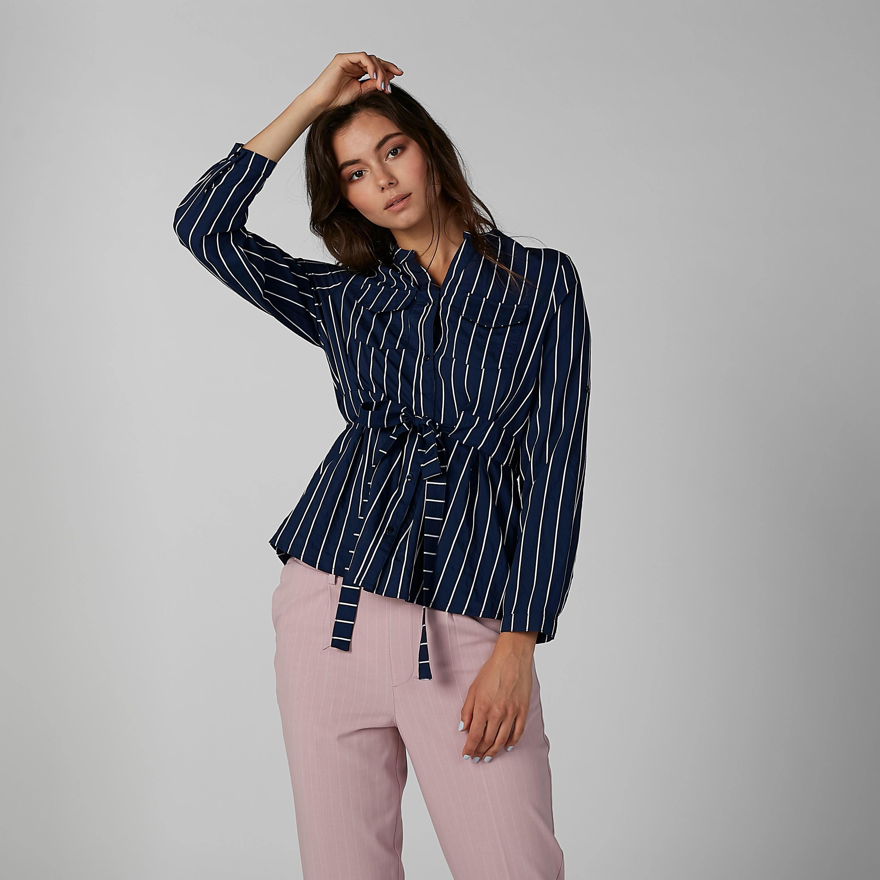 قميص مقلّم بأكمام طويلة وياقة ماندارين وأربطة-women-clothing-shirtsandblouses-shirts-image-6
