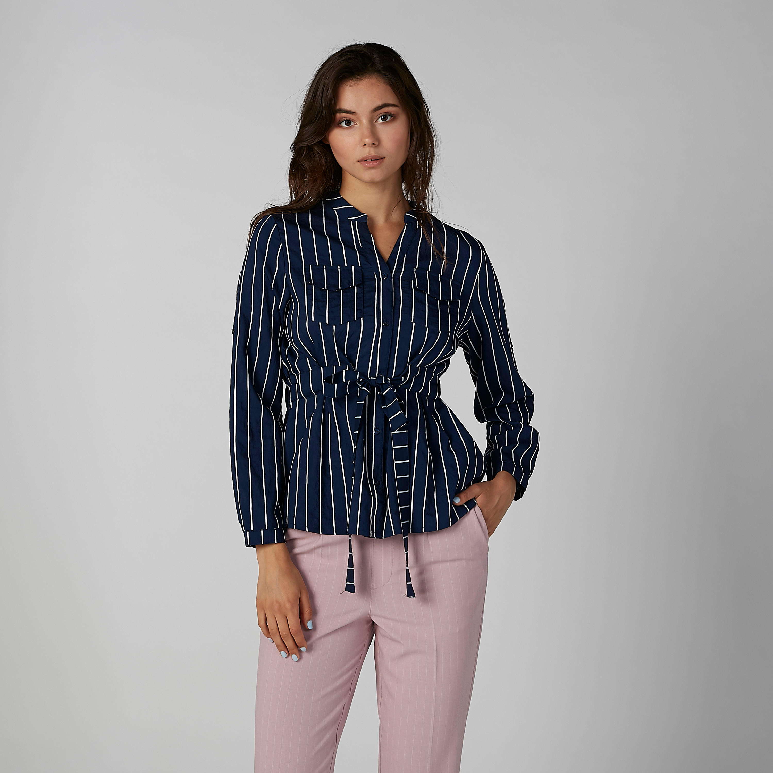 قميص مقلّم بأكمام طويلة وياقة ماندارين وأربطة-women-clothing-shirtsandblouses-shirts-image-8