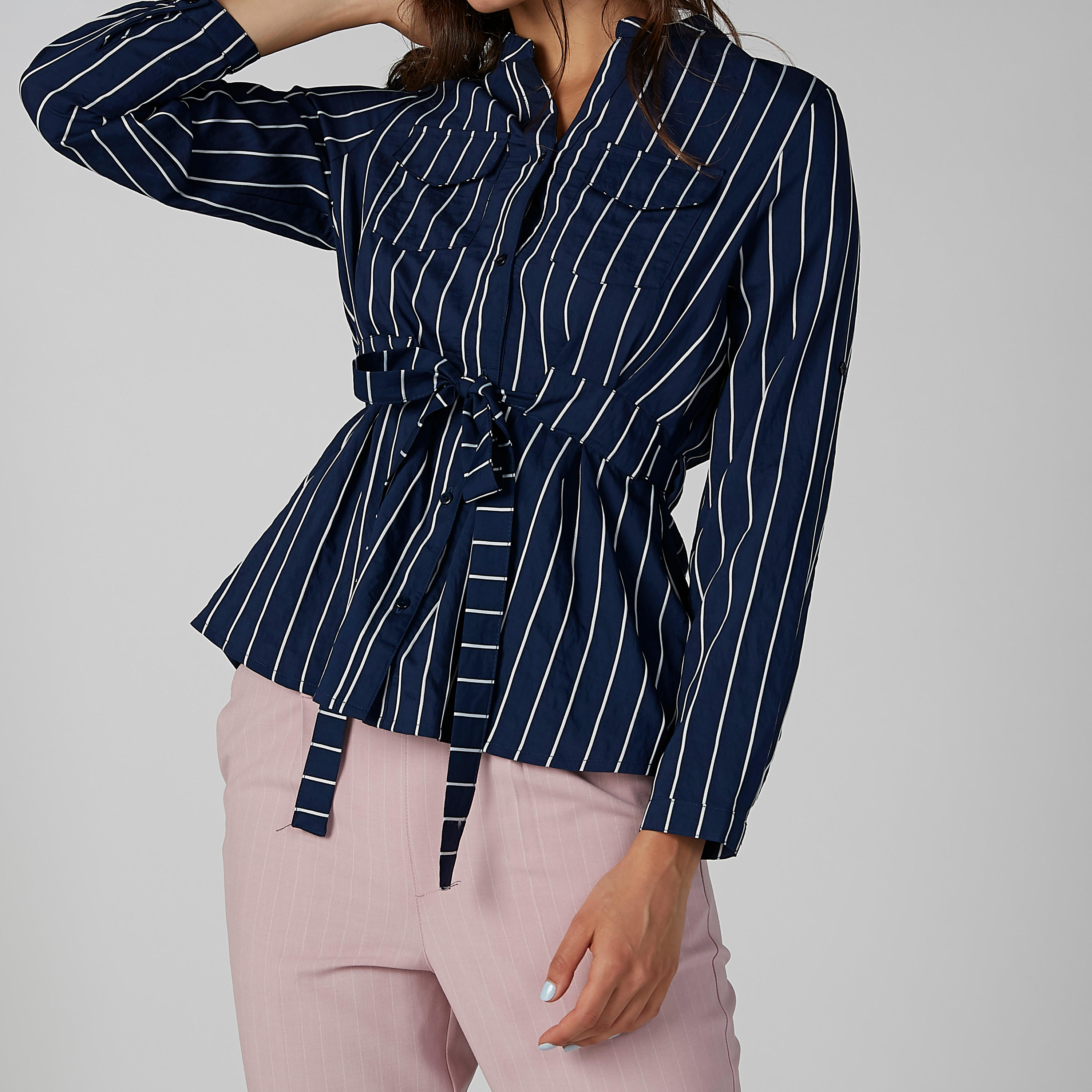 قميص مقلّم بأكمام طويلة وياقة ماندارين وأربطة-women-clothing-shirtsandblouses-shirts-image-9