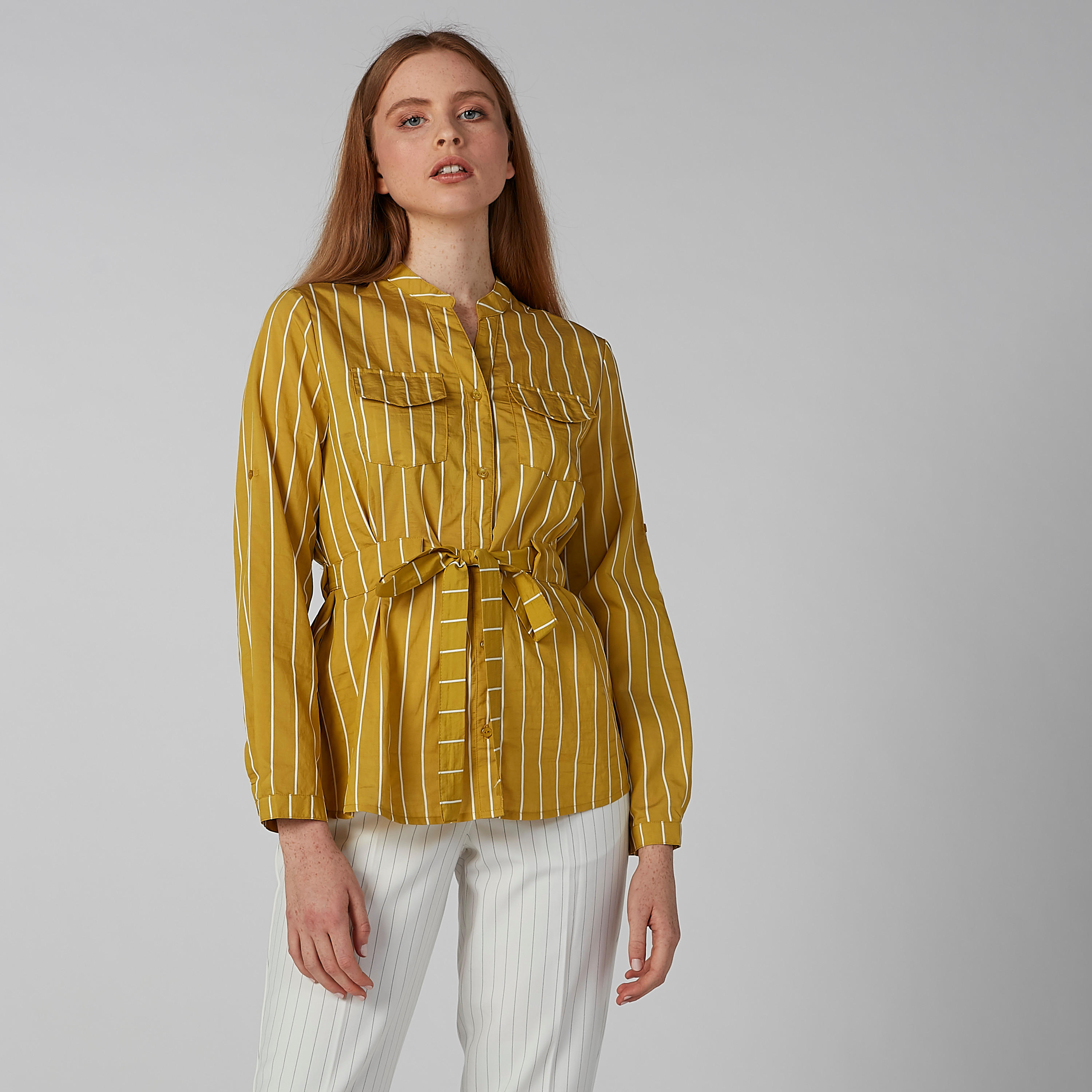 قميص مقلّم بأكمام طويلة وياقة ماندارين وأربطة-women-clothing-shirtsandblouses-shirts-image-1