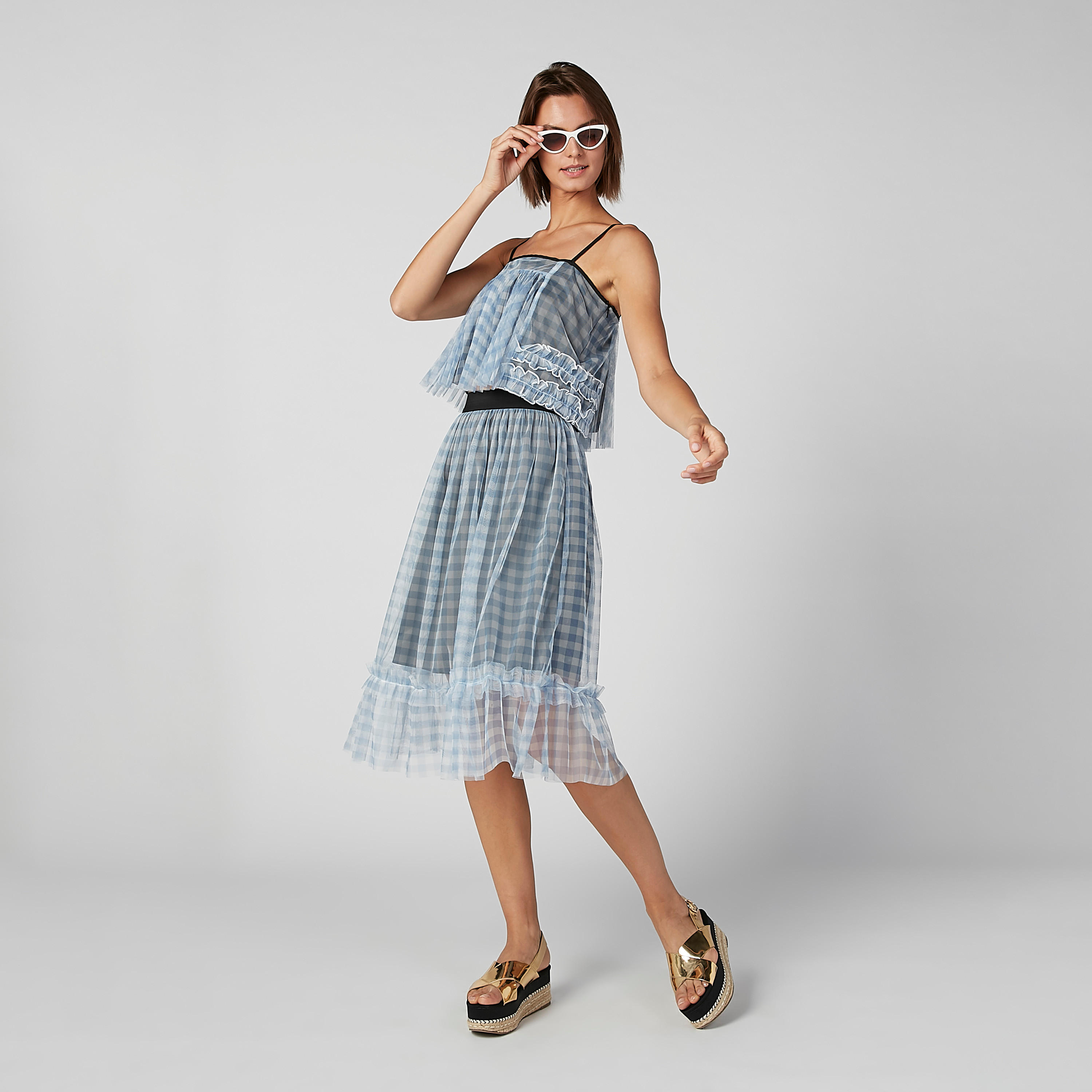 تنورة كاروهات إيه لاين متوسطة الطول بخصر مطّاطي-women-clothing-bottoms-skirts-image-2
